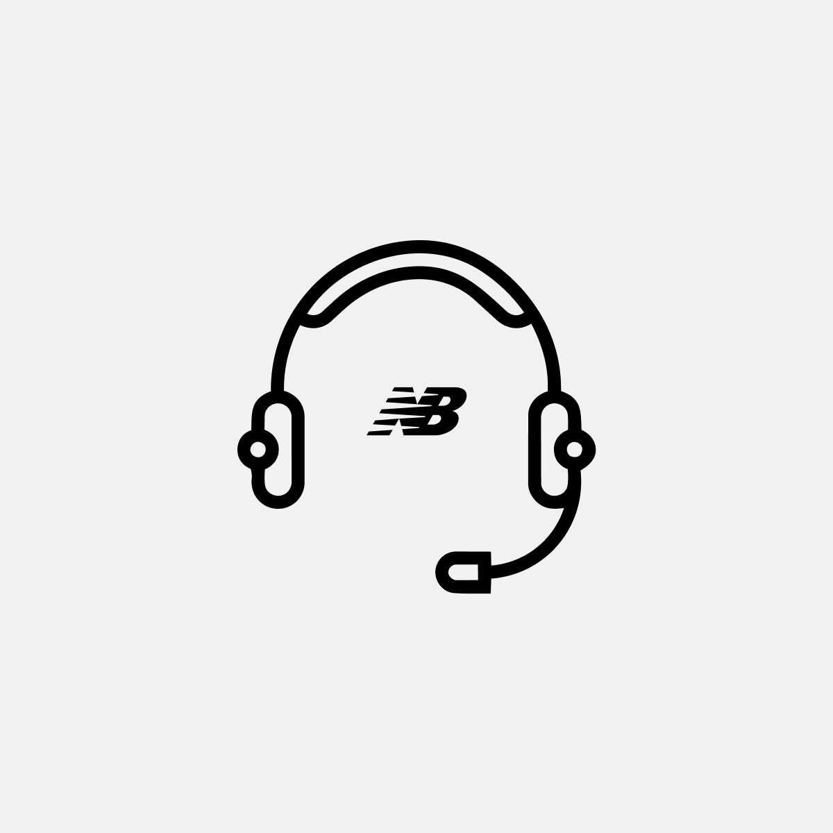 Line icon of a headset with a microphone and a New Balance logo, representing customer service or support.