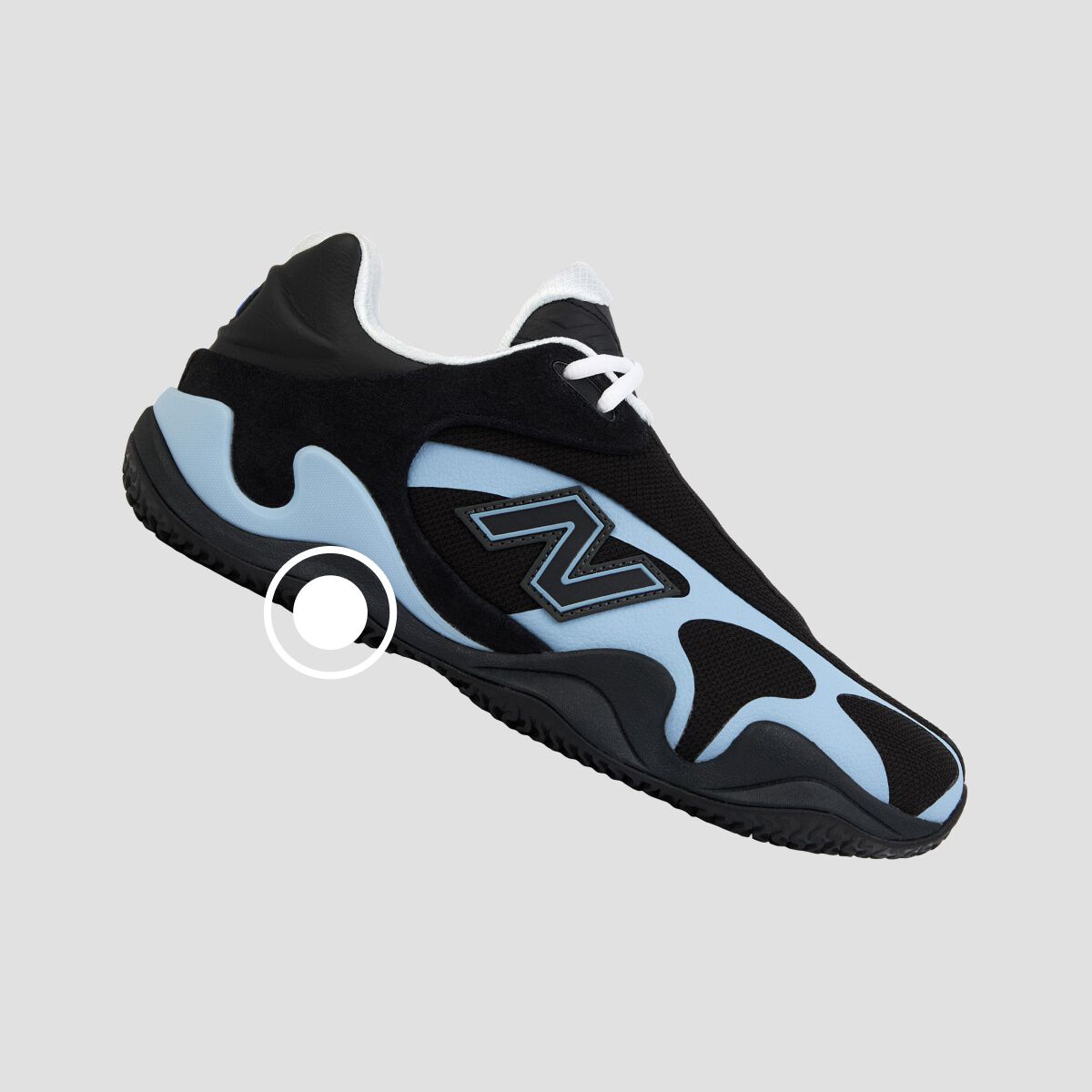 Black and light blue athletic sneaker with a prominent side logo, white laces, and a sculpted black sole shown in side profile on a light gray background.