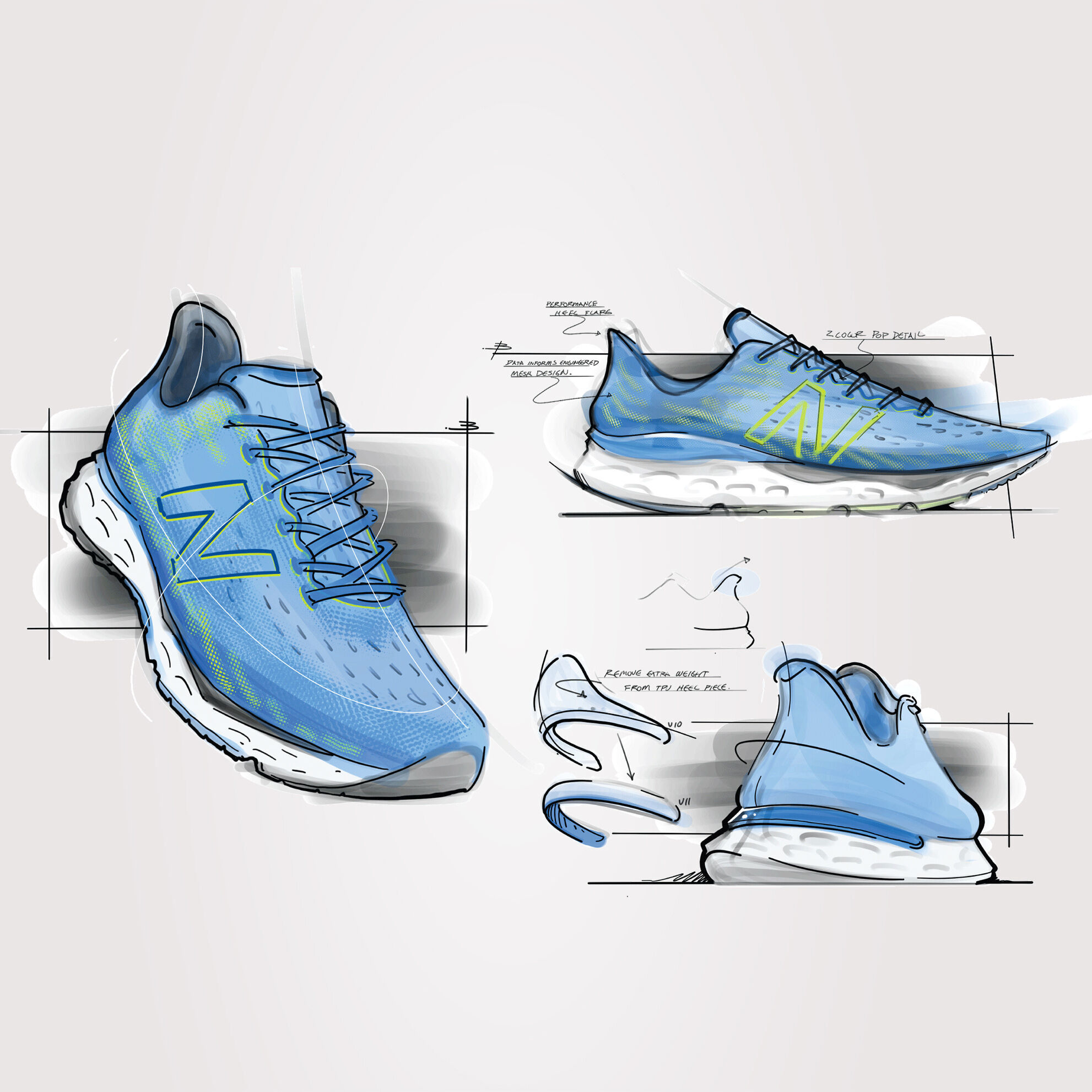 Sketches of blue Fresh Foam 880 shoes on a grey background