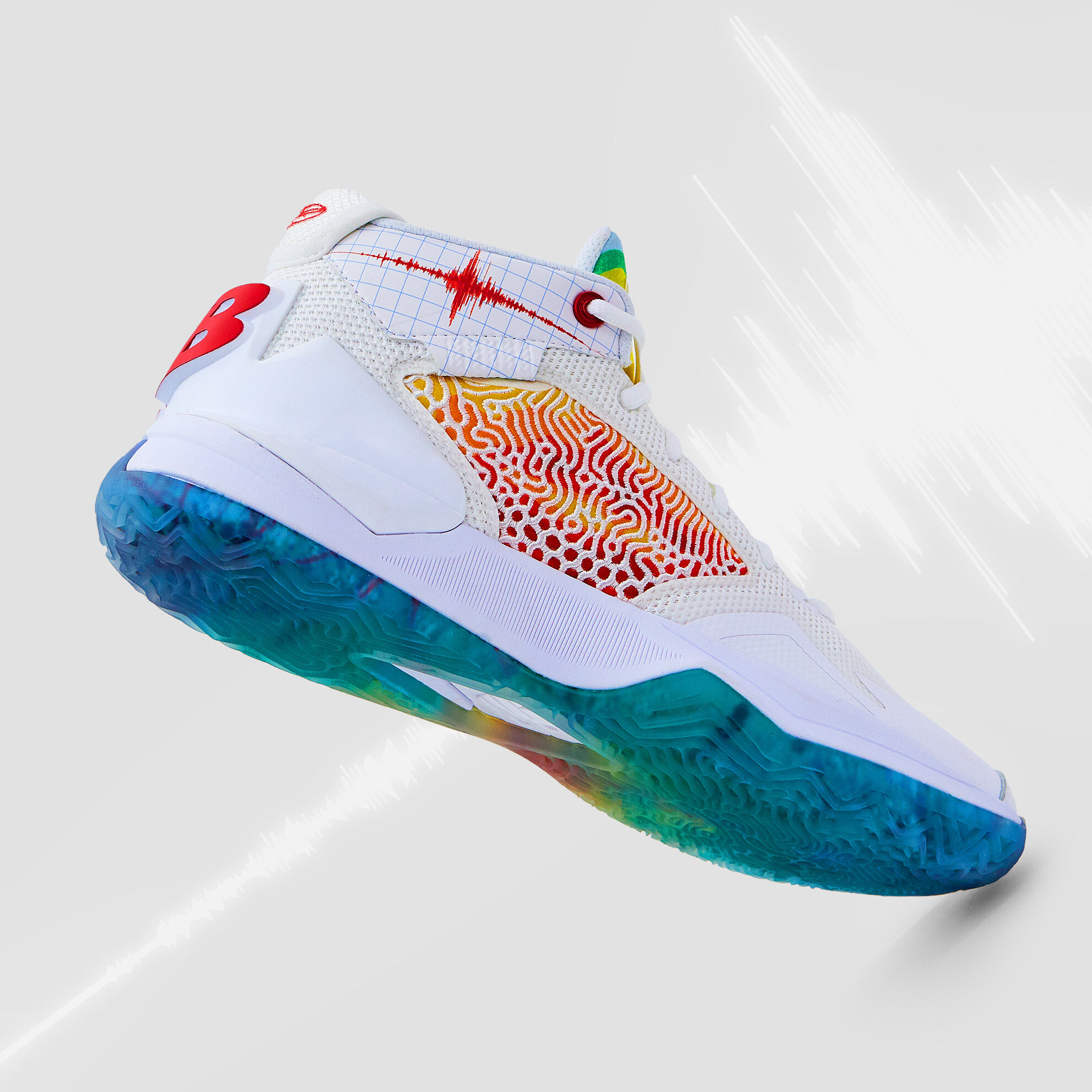 Signature shoe floating against the wall with seismograph lines behind it on a grey background.