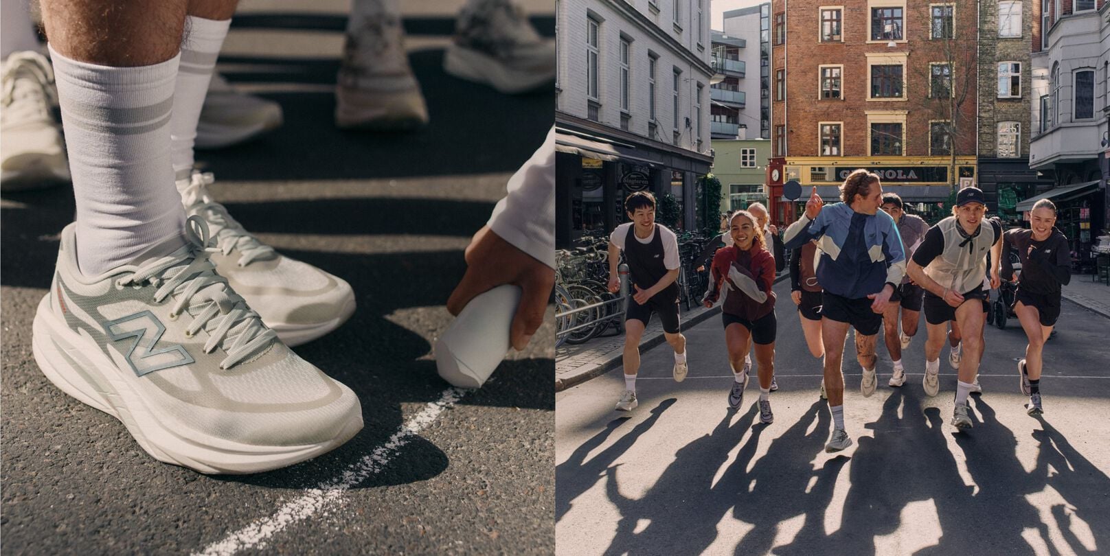 Split image of a closeup of someone wearing New Balance running shoes on a sidewalk, and a group of runners in a city. 