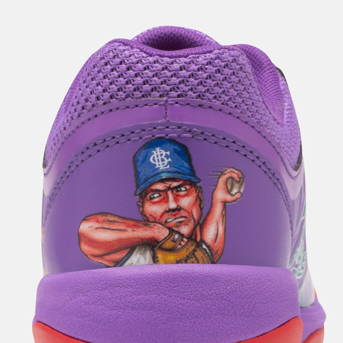 Back of the grape flavor cleat with a cartoon character of a pitcher.