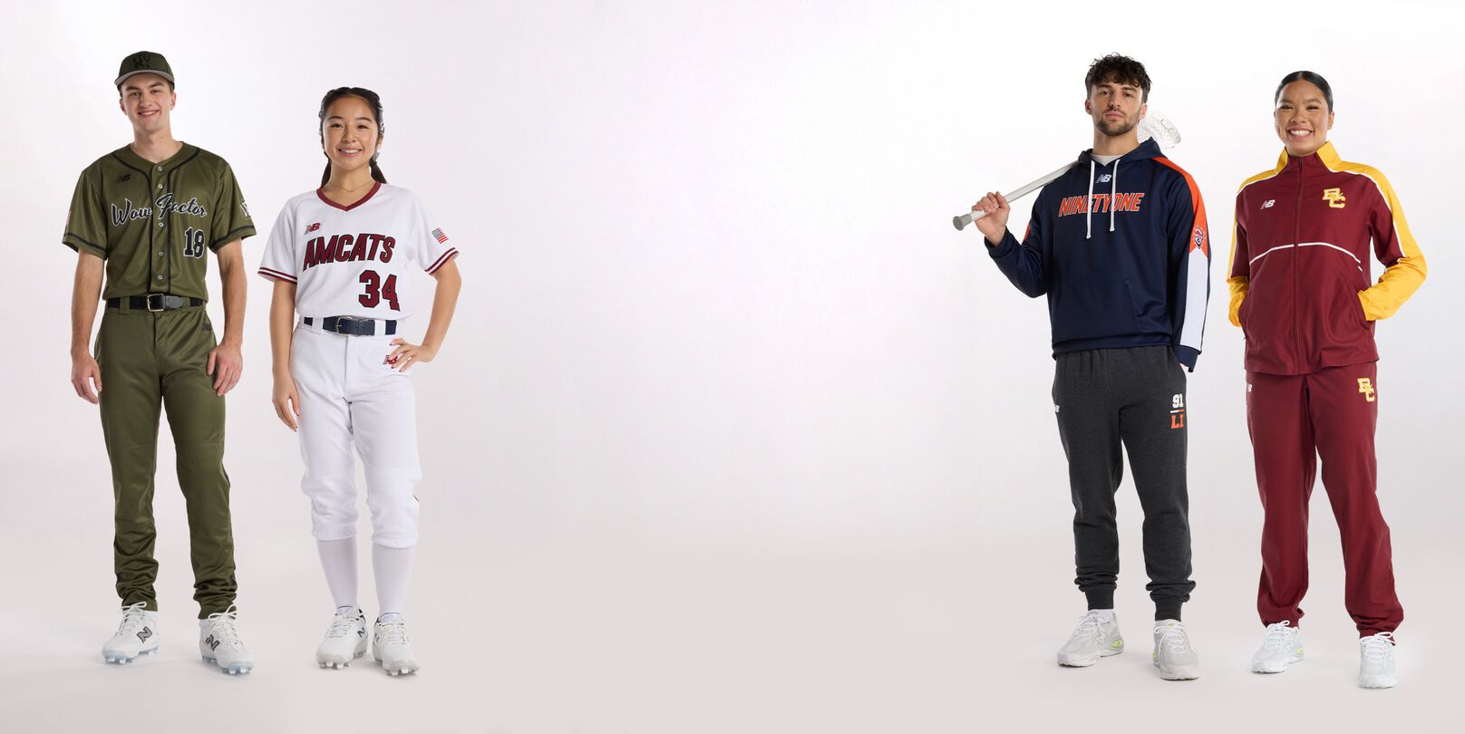 Four athletes wearing different team uniforms stand against a light background.