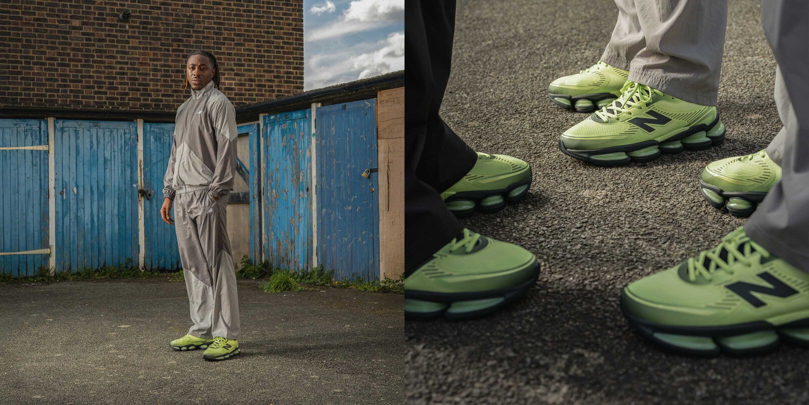 Split image of Eberechi Eze and on figure shot of the lime green shoes.