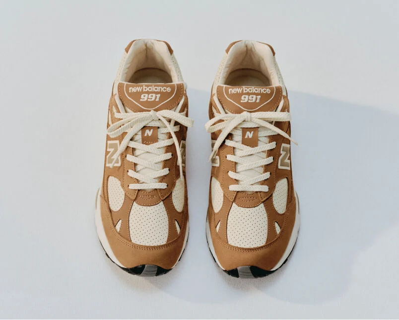 Close up view of a New Balance Made in UK sneaker tongue and laces.