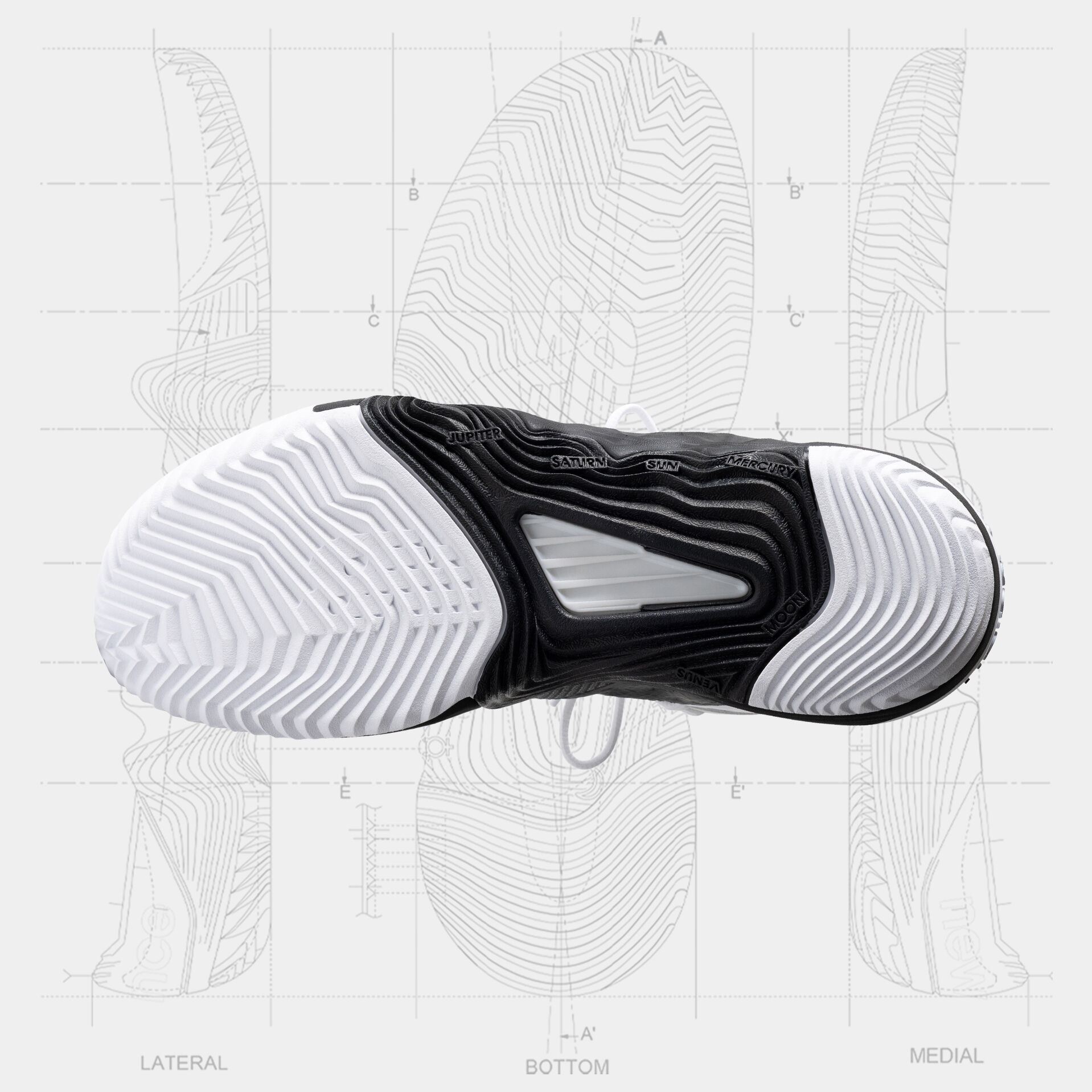 Floating white basketball shoe on sketch drawing of the mid-sole.