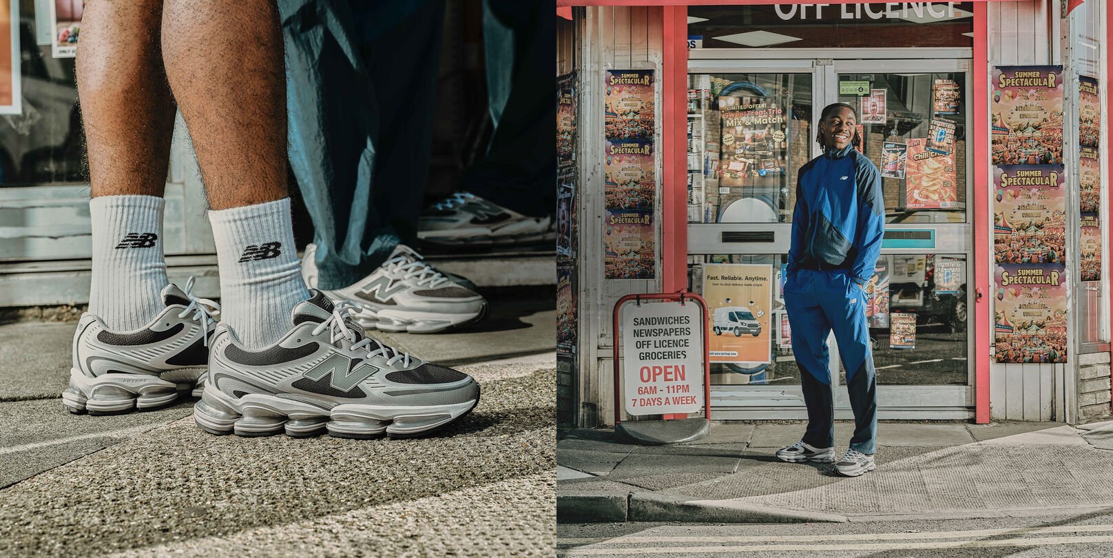 Split image of both Eze standing with his pockets and a close up shot of the ABZORB 2000s. 