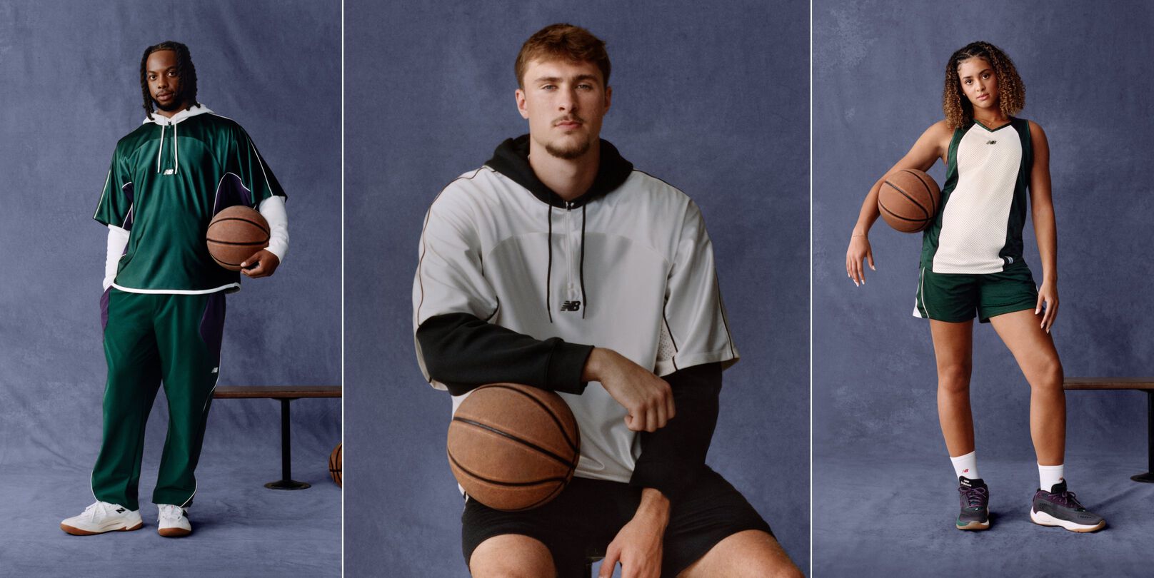 Three individuals pose with basketballs against a soft blue studio backdrop.