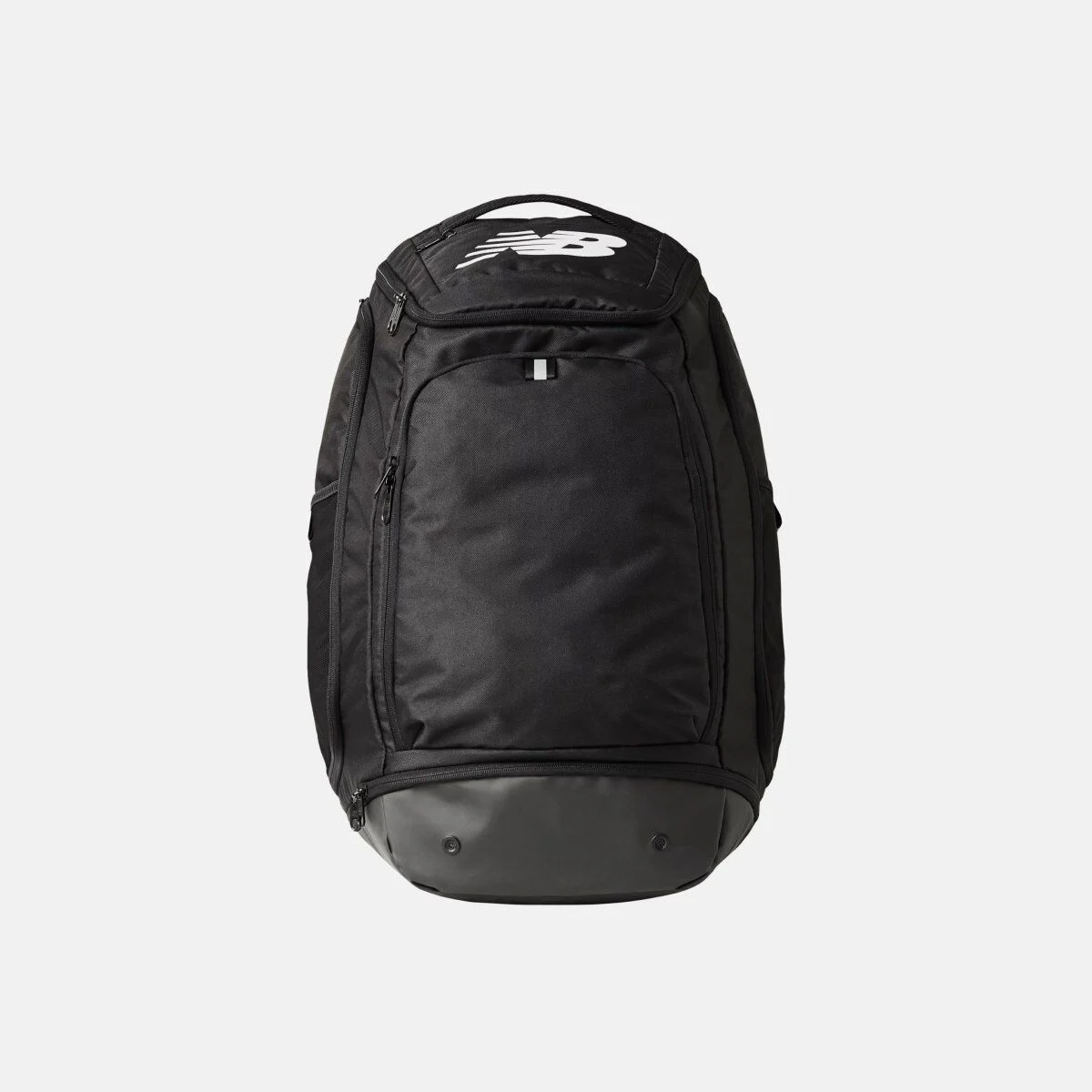 Black athletic backpack with multiple zippered compartments, padded shoulder straps, a reinforced base, and a white New Balance logo at the top.