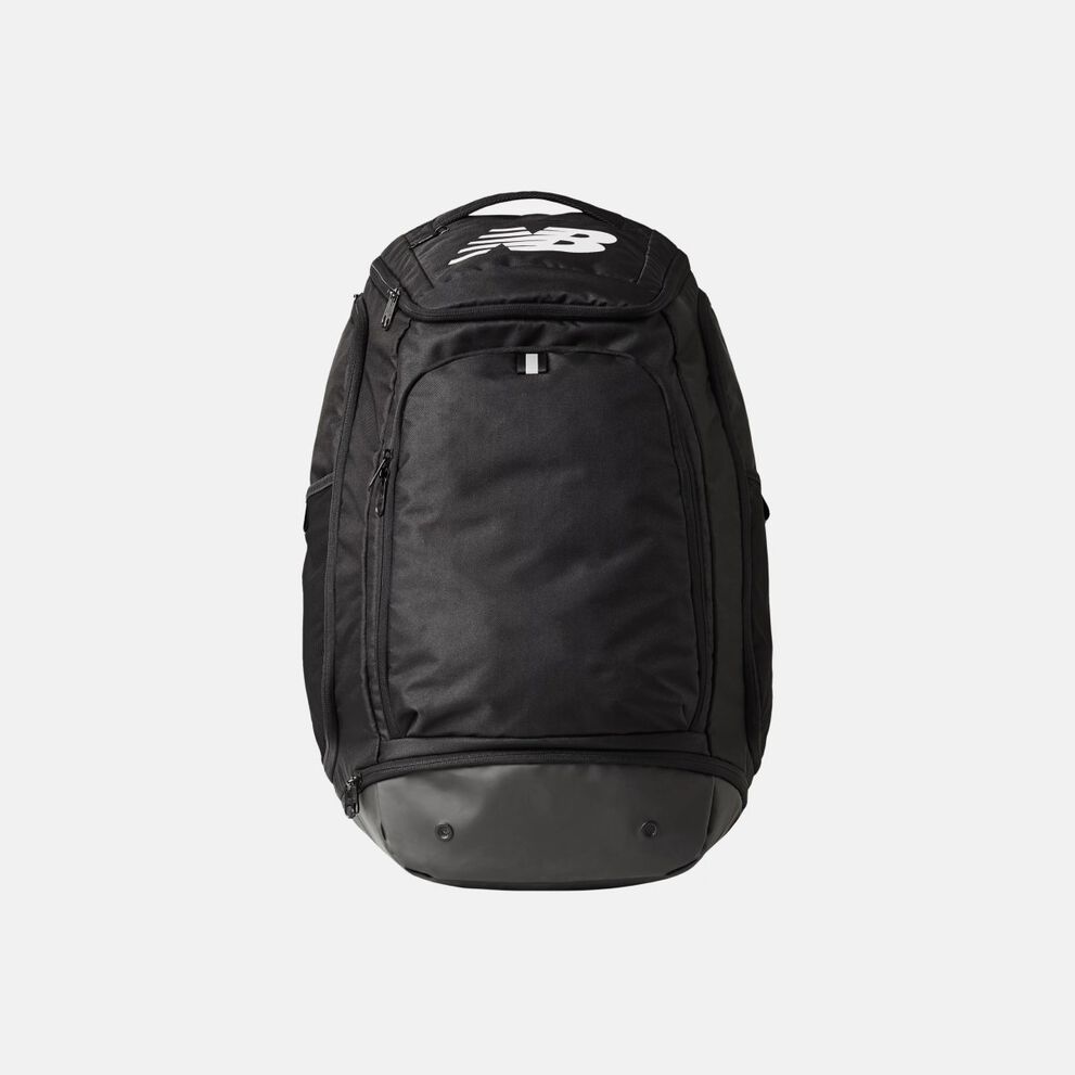 Black athletic backpack with multiple zippered compartments, padded shoulder straps, a reinforced base, and a white New Balance logo at the top.