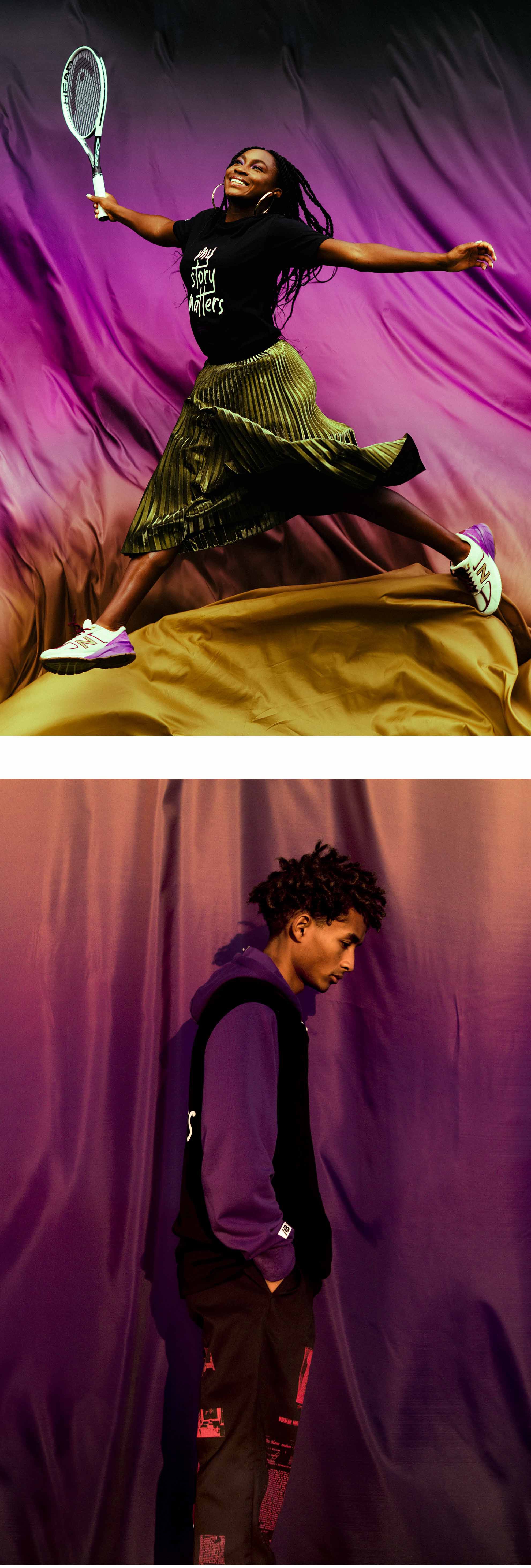 Assorted lookbook images of Jaden Smith and Coco Gauff in Black History Month apparel and shoes.