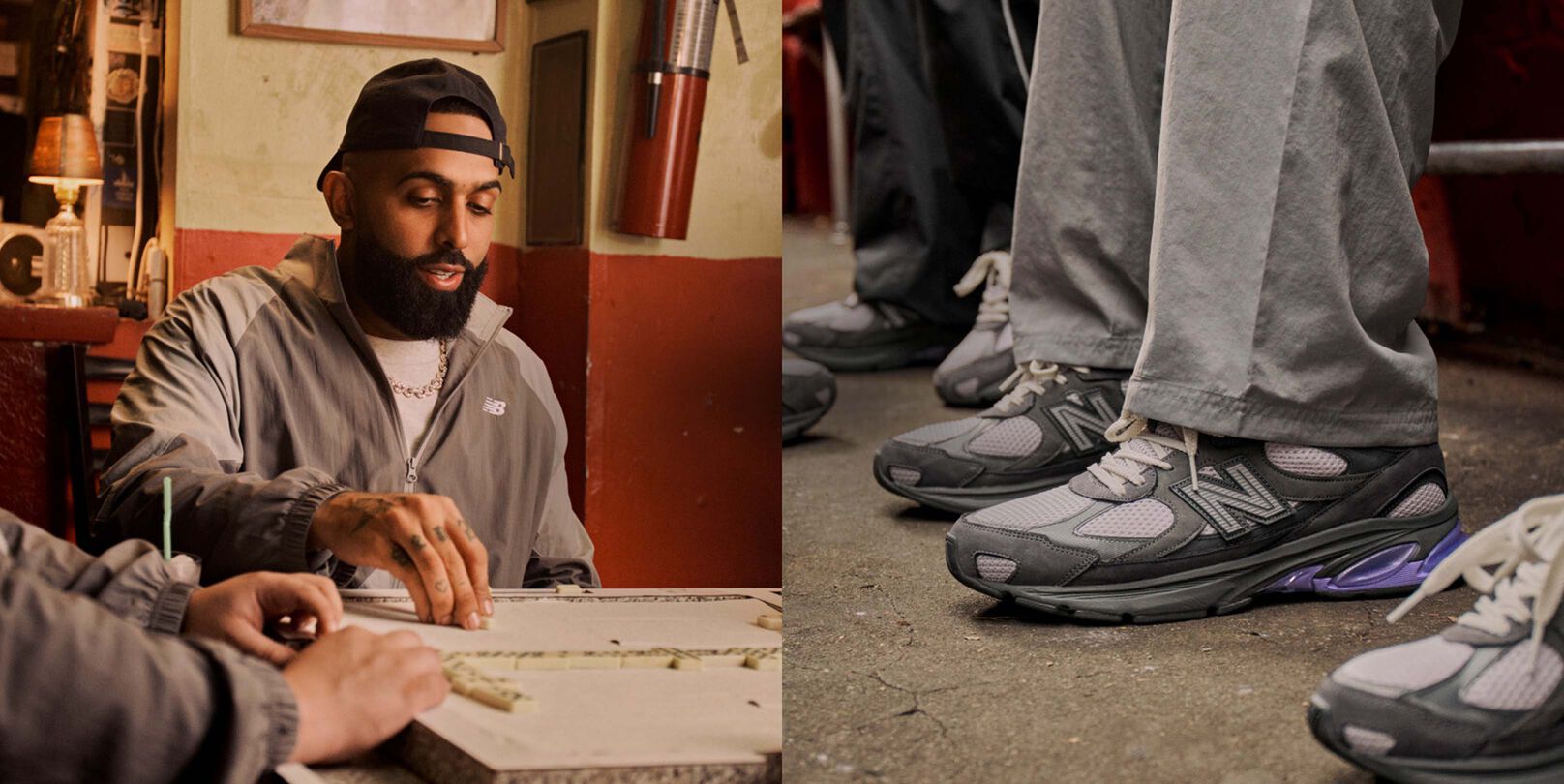 A two split image with the first image is Eladio Carri&oacute;n playing board game and the other image is a close up profile shot of the ABZORB 2010 worn.