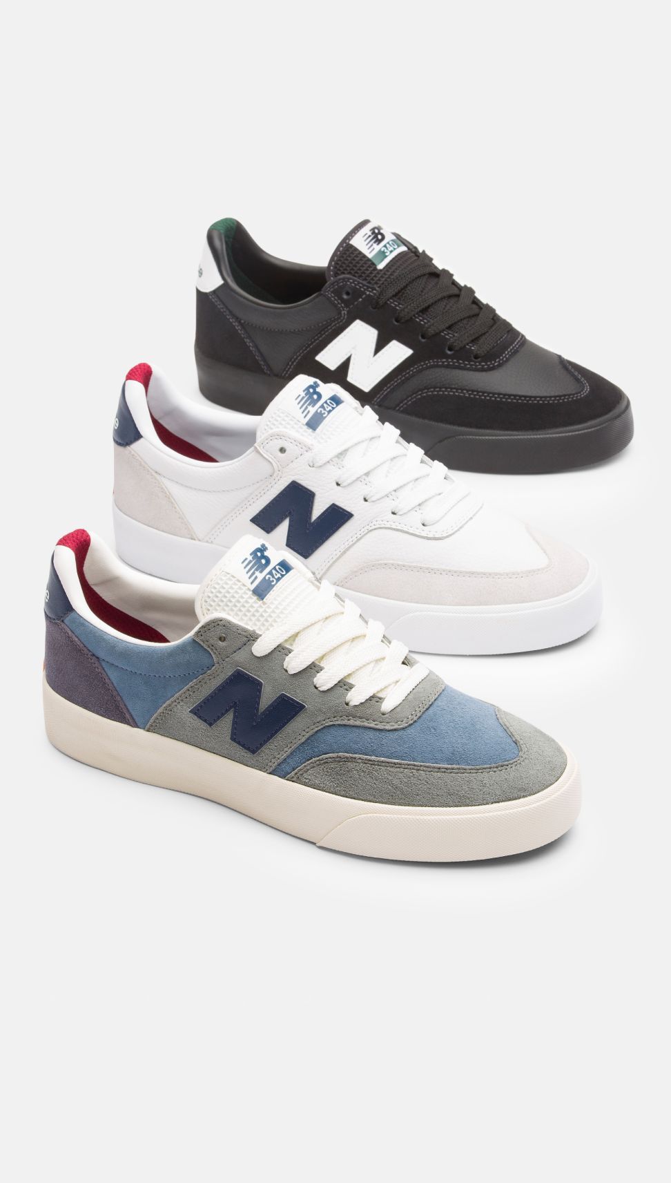 Three Numeric 340 shoes on a grey background.