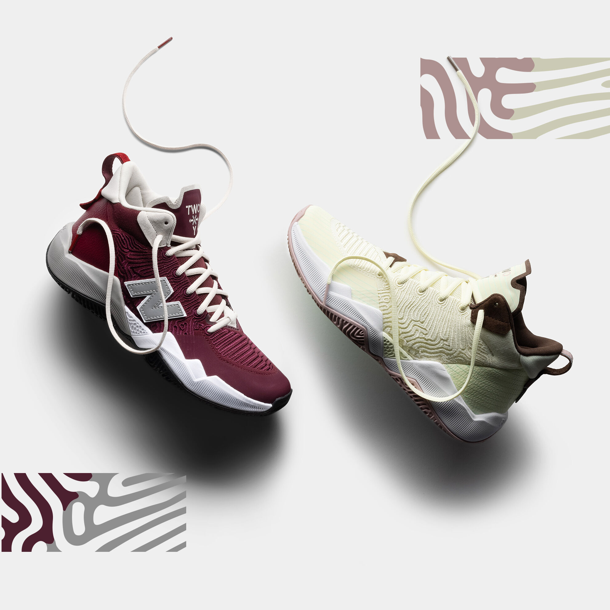 Both maroon and cream basketball shoes sitting on a grey background with patterns from the shoes scattered around.