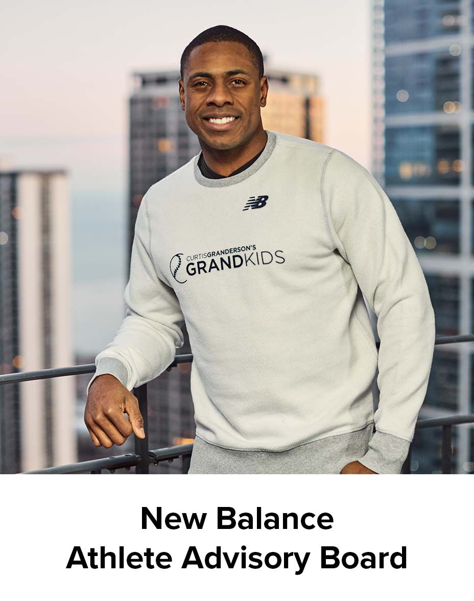 Photo of Curtis Granderson with the words New Balance Athlete Advisory Board below