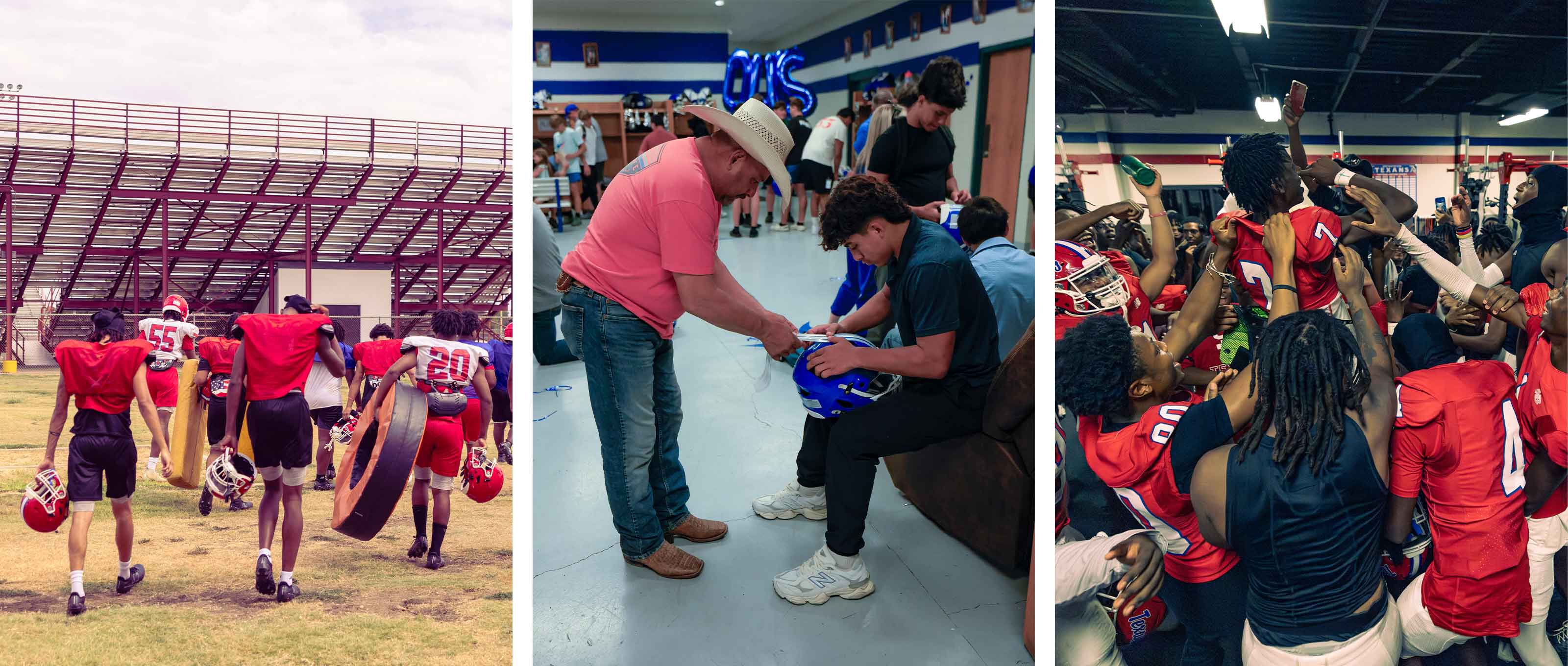 Tres escenas de jugadores de fútbol americano de secundaria con botines de fútbol New Balance.