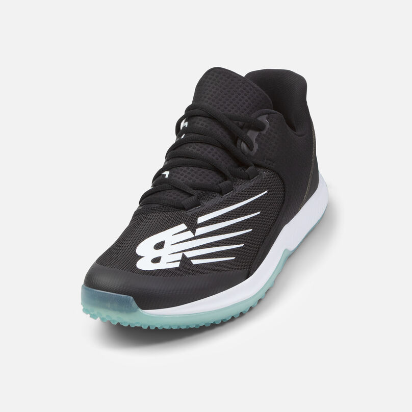 All black turf shoe with a blue transparent sole.
