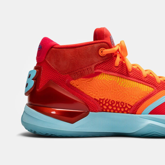 Side angle of the basketball shoe focusing on the heel.