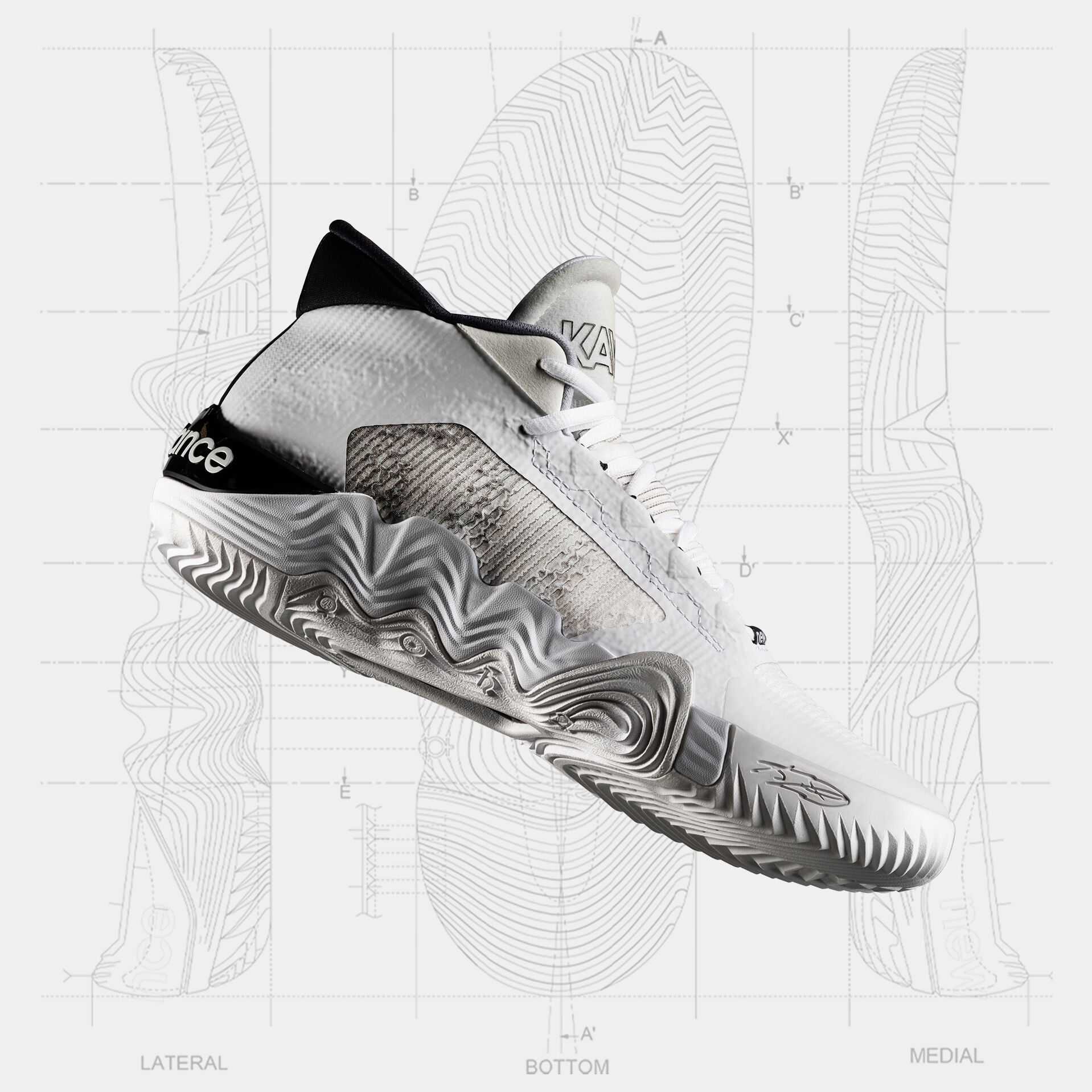 Floating white basketball shoe on sketch drawing of the mid-sole.