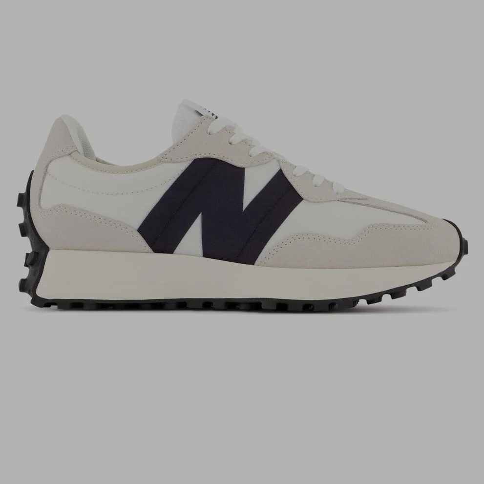 A white 327 shoe with black accents.