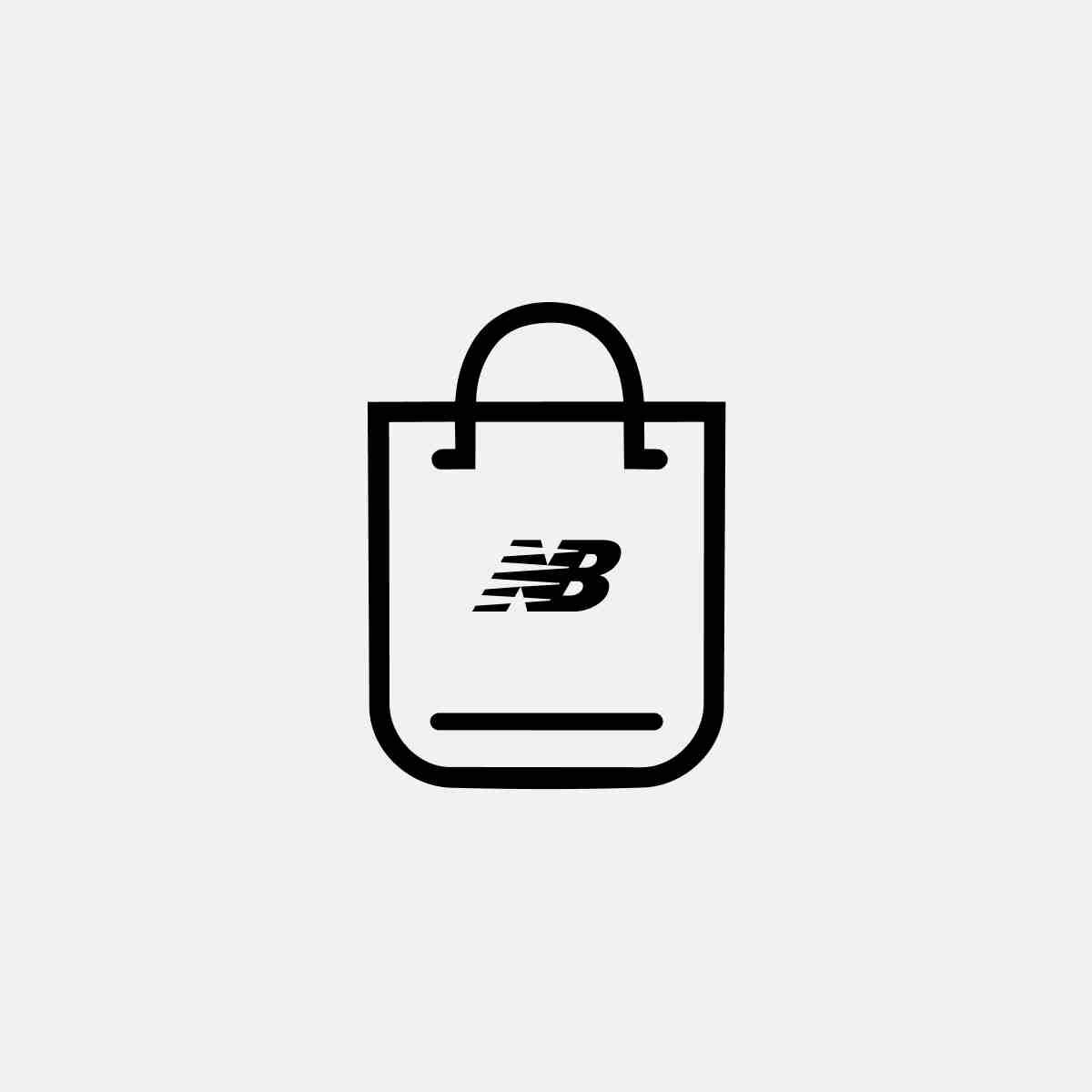 Line icon of a shopping bag with handles and a New Balance logo, representing shopping or product purchasing.