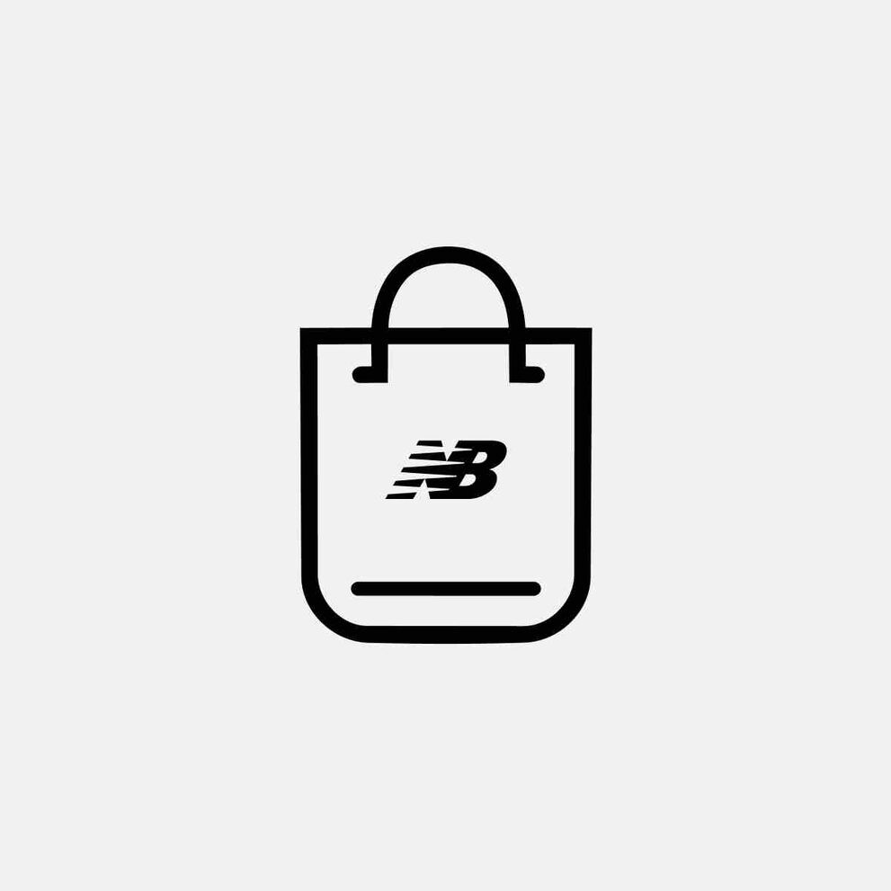Line icon of a shopping bag with handles and a New Balance logo, representing shopping or product purchasing.