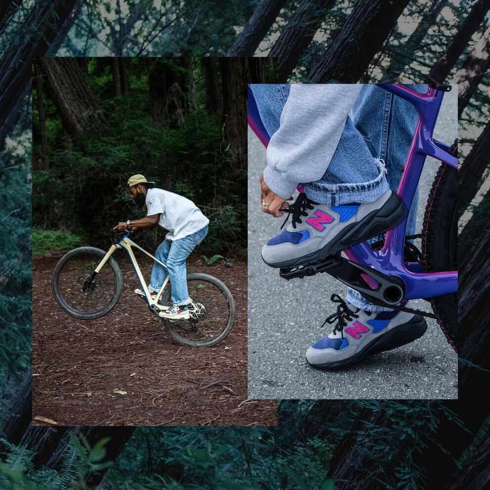 A picture of a man riding a bike and a close-up picture of someone wearing a pair of New Balance 580’s on the pedals of a bike. Both are on top of a forest background. 