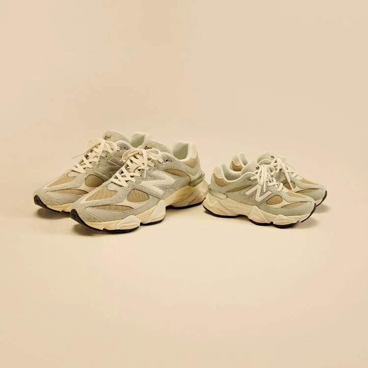 Adult and kids shoes paired together on a cream background.