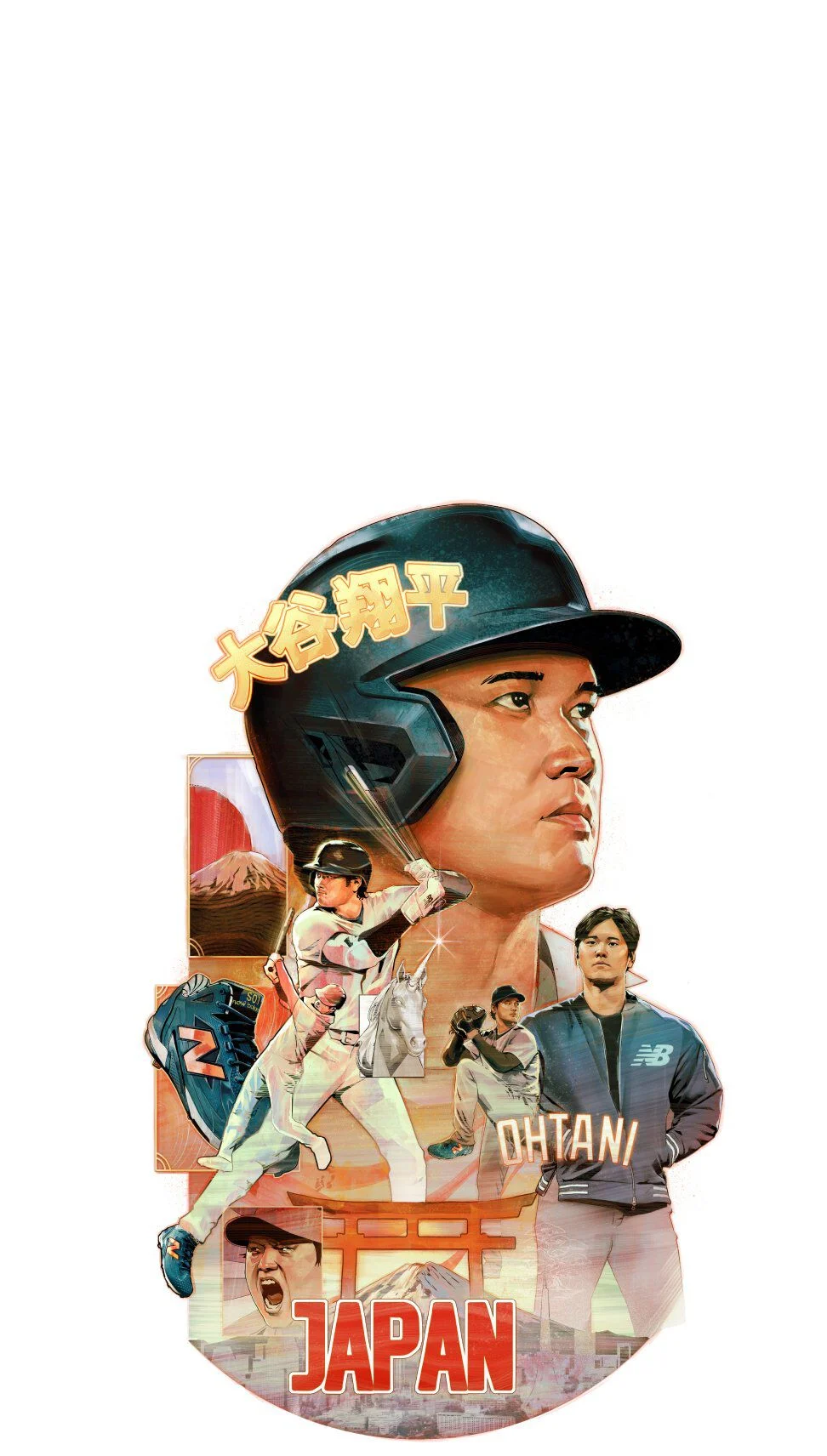 Illustrated collage featuring Shohei Ohtani in multiple action poses, including batting and pitching, with elements such as a large helmet, a torii gate, Mount Fuji, and the word &lsquo;Japan&rsquo; incorporated into the design.