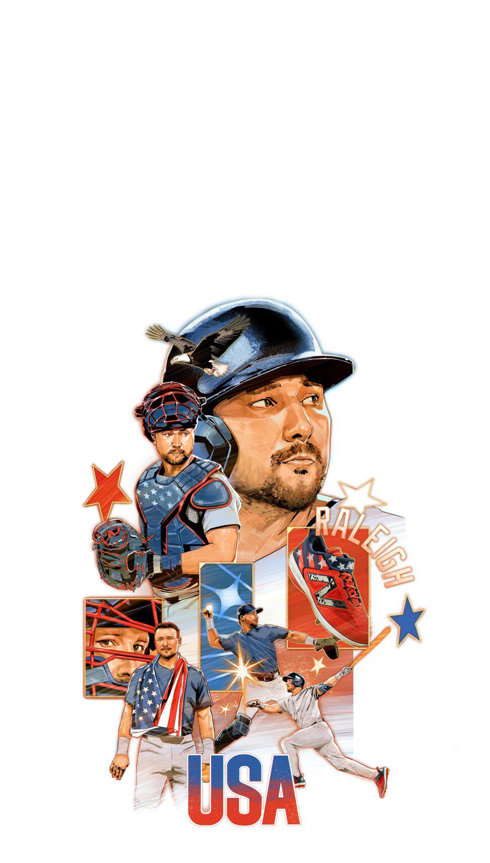 Illustrated collage featuring Cal Raleigh in multiple action scenes, including catching and pitching, combined with patriotic elements such as stars, an American flag motif, and the word &lsquo;USA.&rsquo;