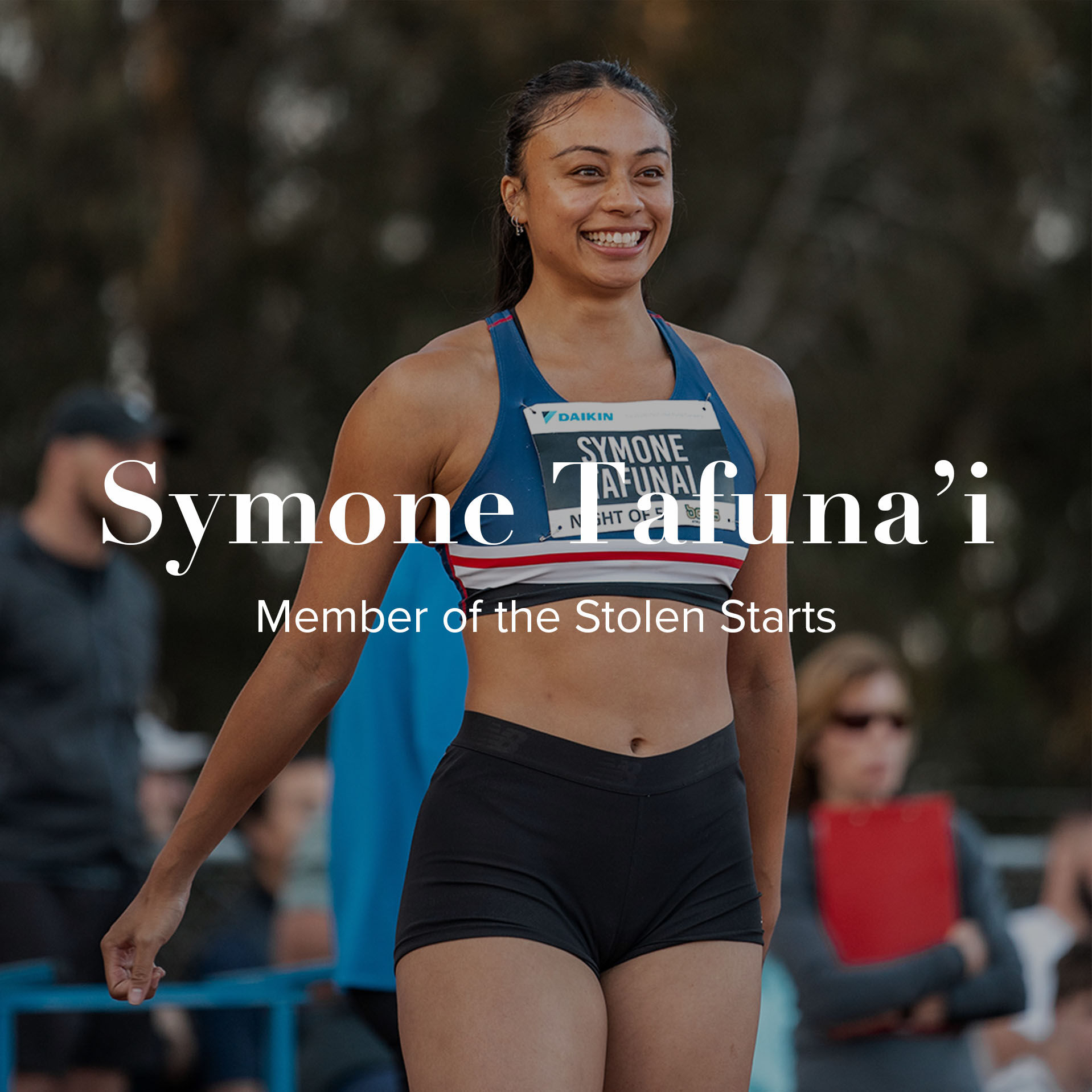 Runner Symone Tafuna’i smiling after a race in her race gear and race bib