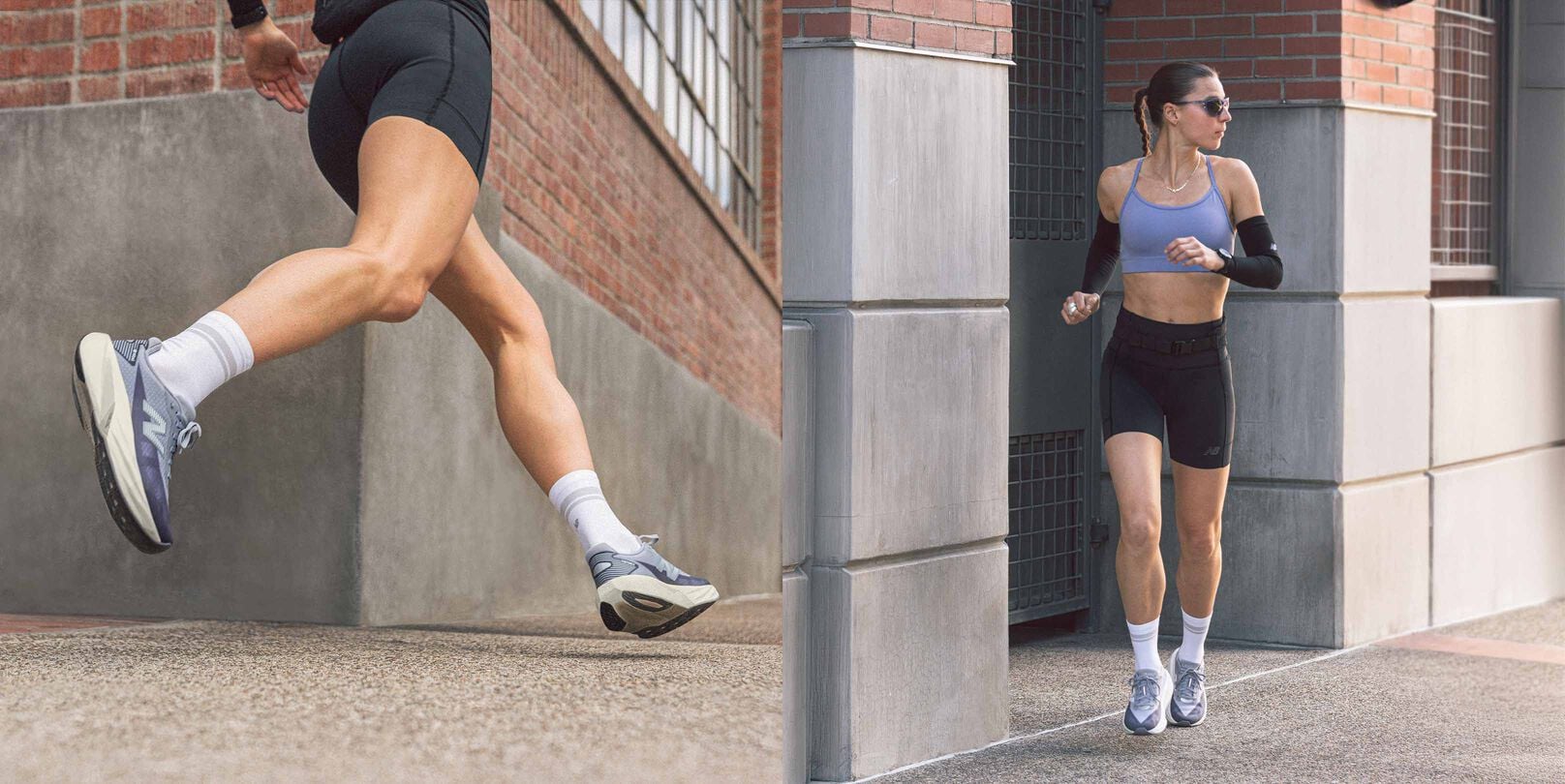 Split image of a knee down action shot on the left and a head-to-toe image of a woman running forward on the right. 