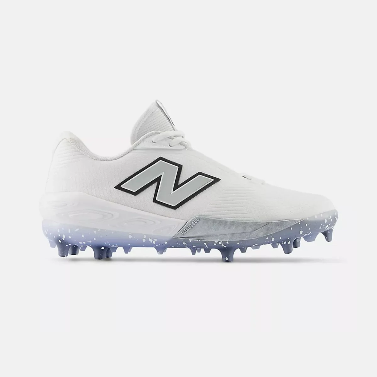 White cleat with a light blue and grey spike plate.