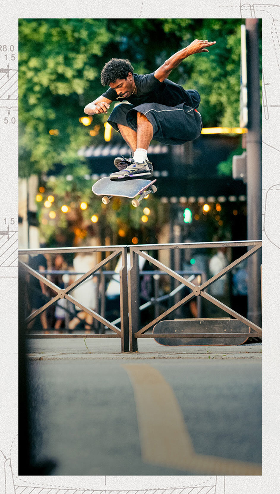 A person wearing Numeric 770 shoes while skateboarding. 