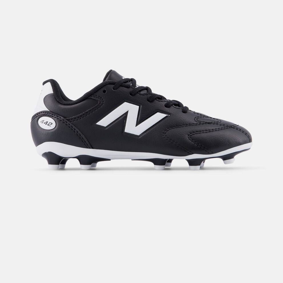 Side profile of a black New Balance soccer cleat on a white background, featuring a leather upper, white &ldquo;N&rdquo; logo, molded studs on the outsole, and a &ldquo;442&rdquo; mark near the heel. 