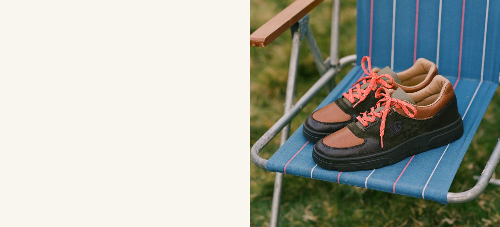 A pair of Drakes’s x New Balance shoes on a folding chair.