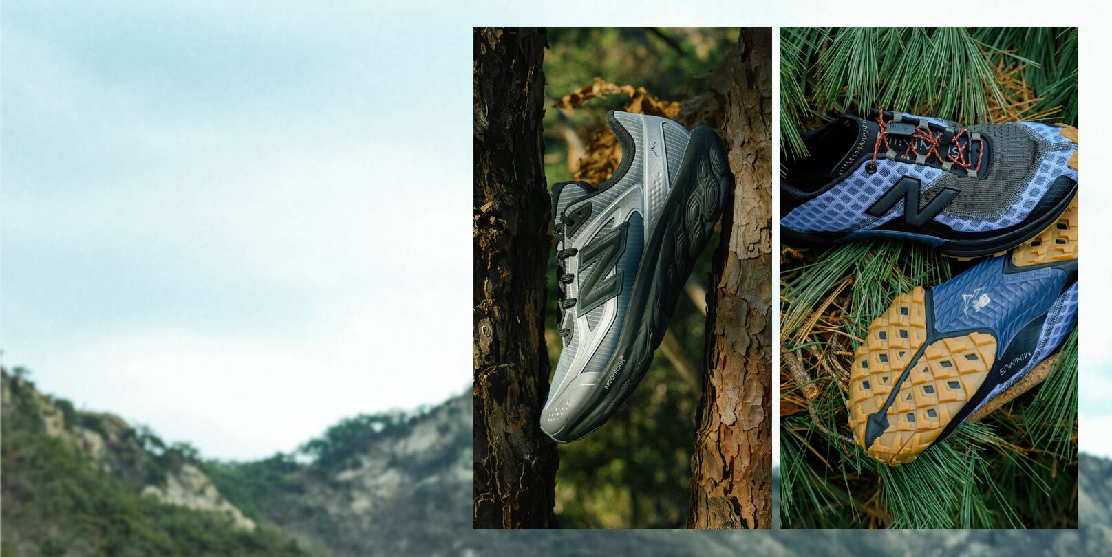 A landscape scene with mountains on the left and two close-up panels on the right showing trail running shoes placed on a tree trunk and among pine needles.