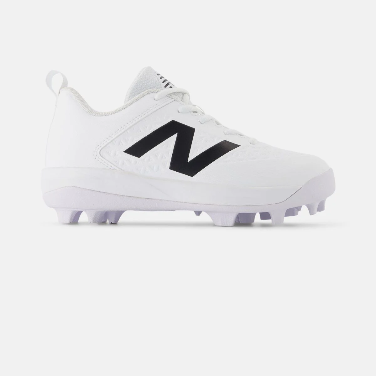 Side profile of a white New Balance baseball cleat on a white background, featuring a smooth synthetic upper, black &ldquo;N&rdquo; logo, white laces, and a molded outsole with light purple studs. 