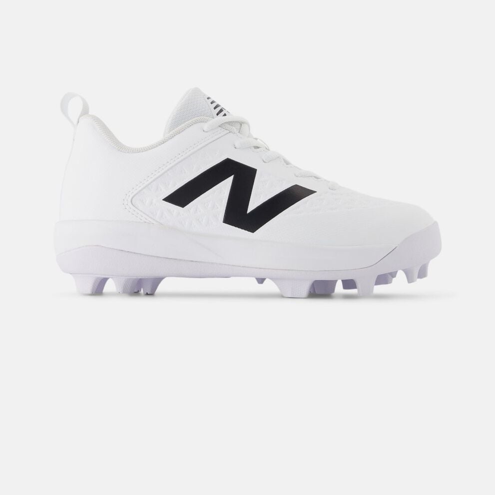Side profile of a white New Balance baseball cleat on a white background, featuring a smooth synthetic upper, black &ldquo;N&rdquo; logo, white laces, and a molded outsole with light purple studs. 