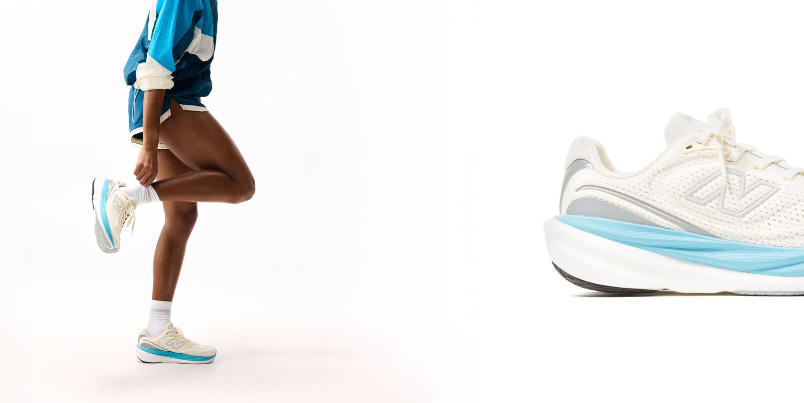 Split image of on figure and off figure close up profile shot of the shoe