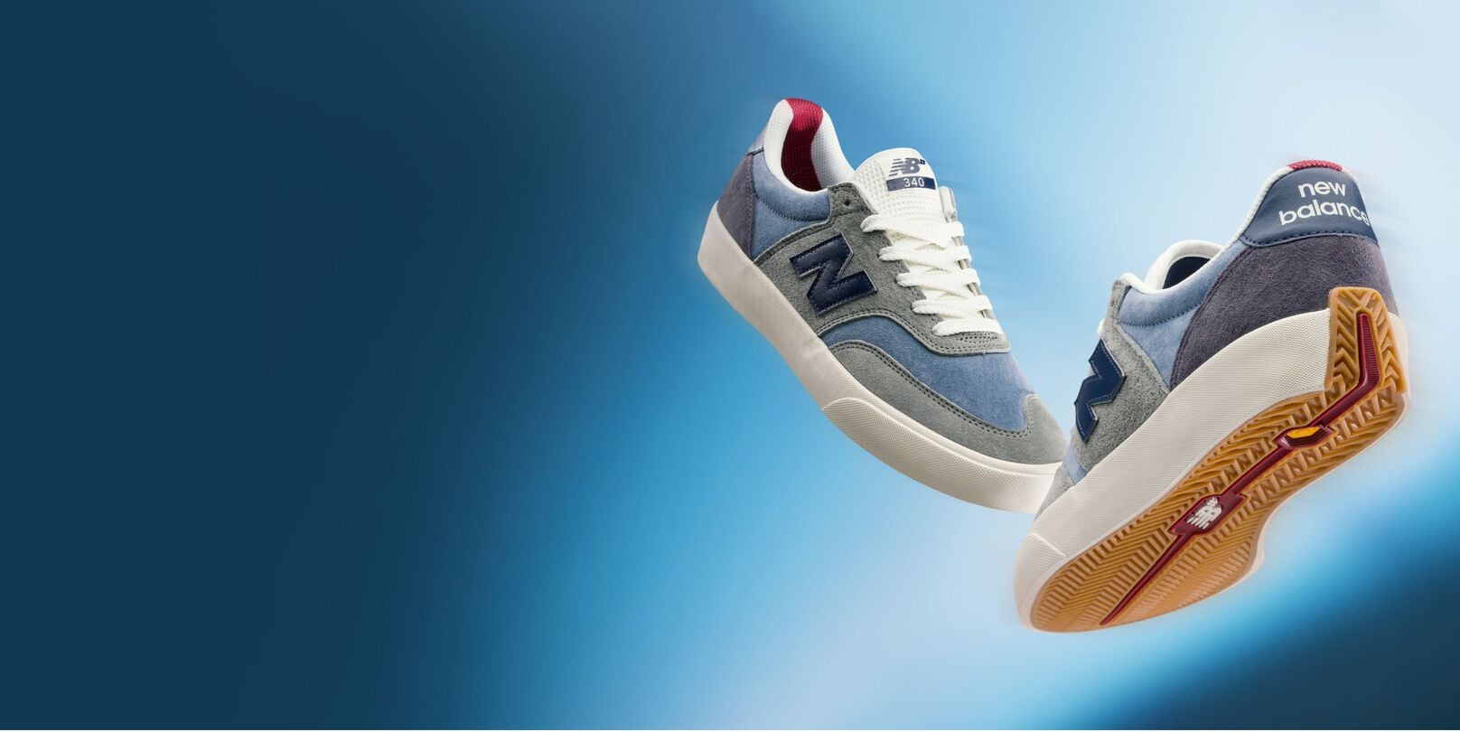 A pair of Numeric 340 shoes on a blue background.