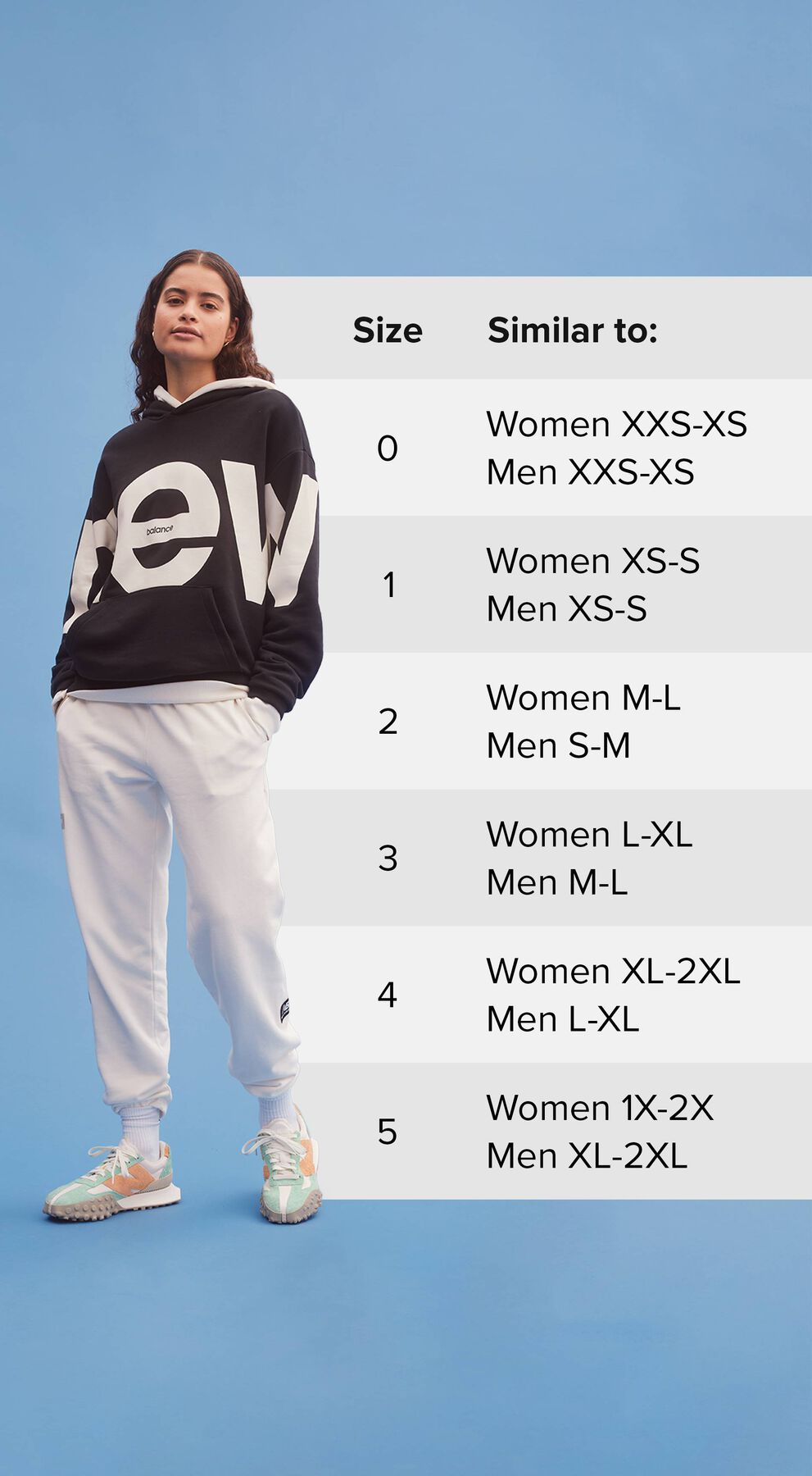 Size chart with model wearing New Balance uni-ssentials apparel.