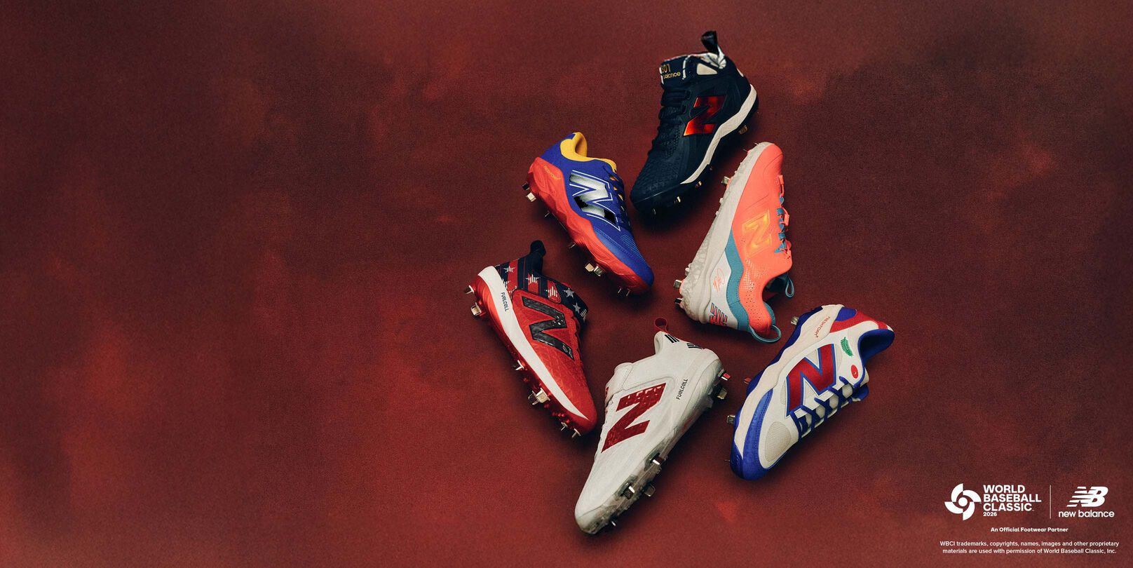 Five colorful baseball shoes arranged in a circular formation against a smoky red background, each in different color combinations including blue, orange, red, and white.