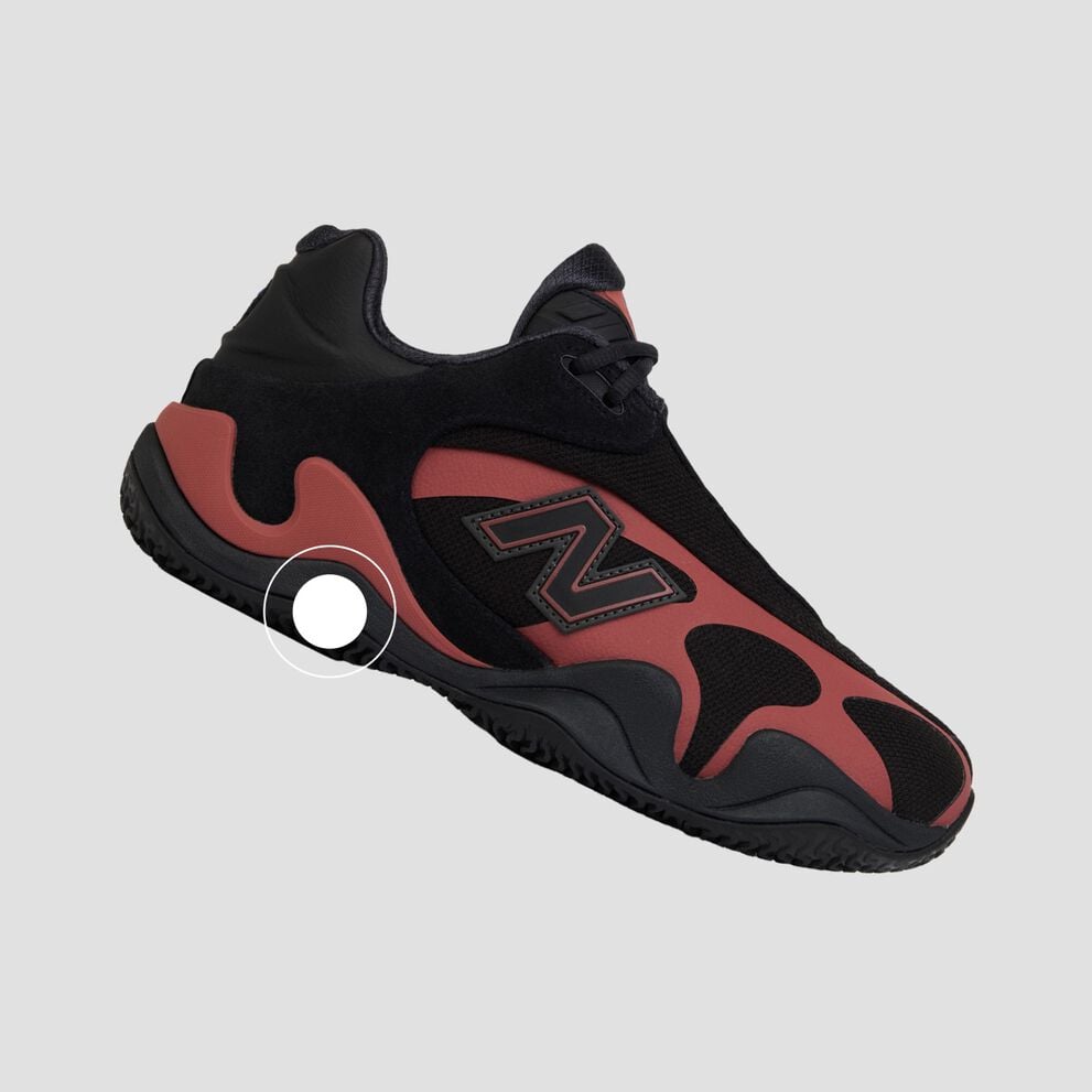 Black and light blue athletic sneaker with a prominent side logo, white laces, and a sculpted black sole shown in side profile on a light gray background.