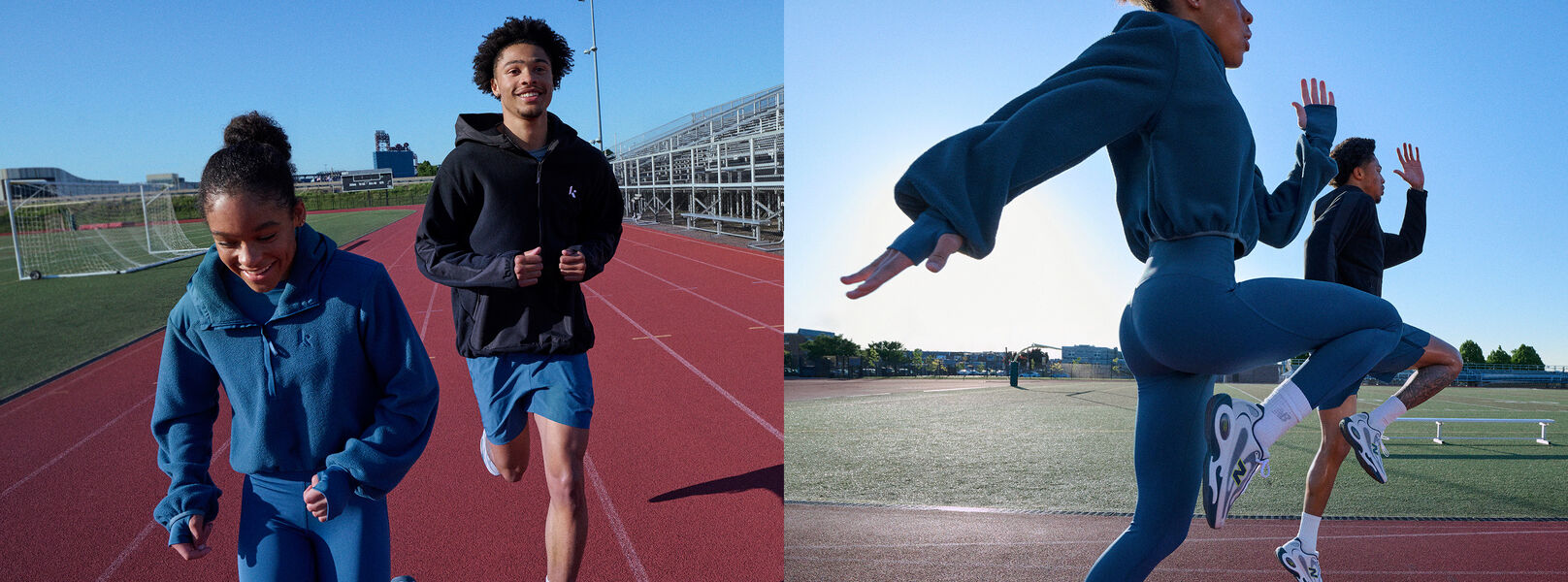 Two athletes running on a track beside stadium bleachers while wearing coordinated athletic apparel.