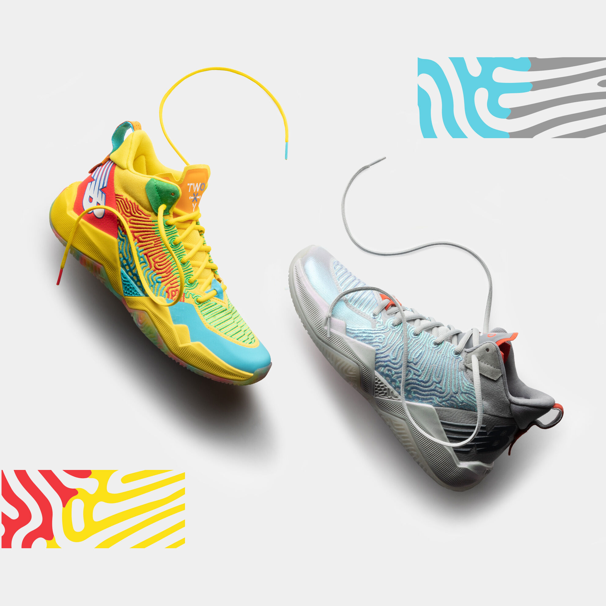 Both yellow and silver basketball shoes sitting on a grey background with patterns from the shoes scattered around.
