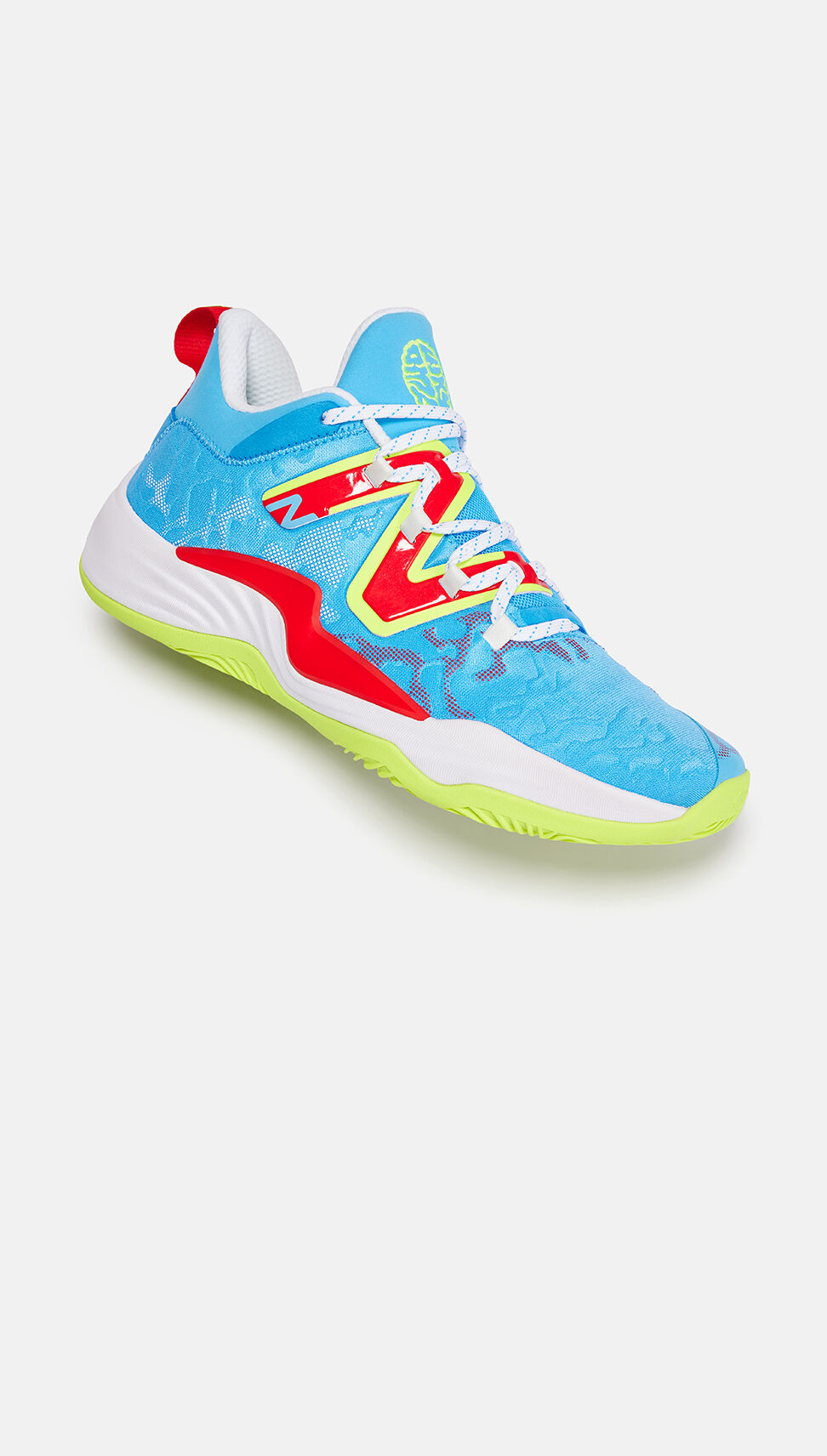 Bright blue and red basketball shoe laying on its side.
