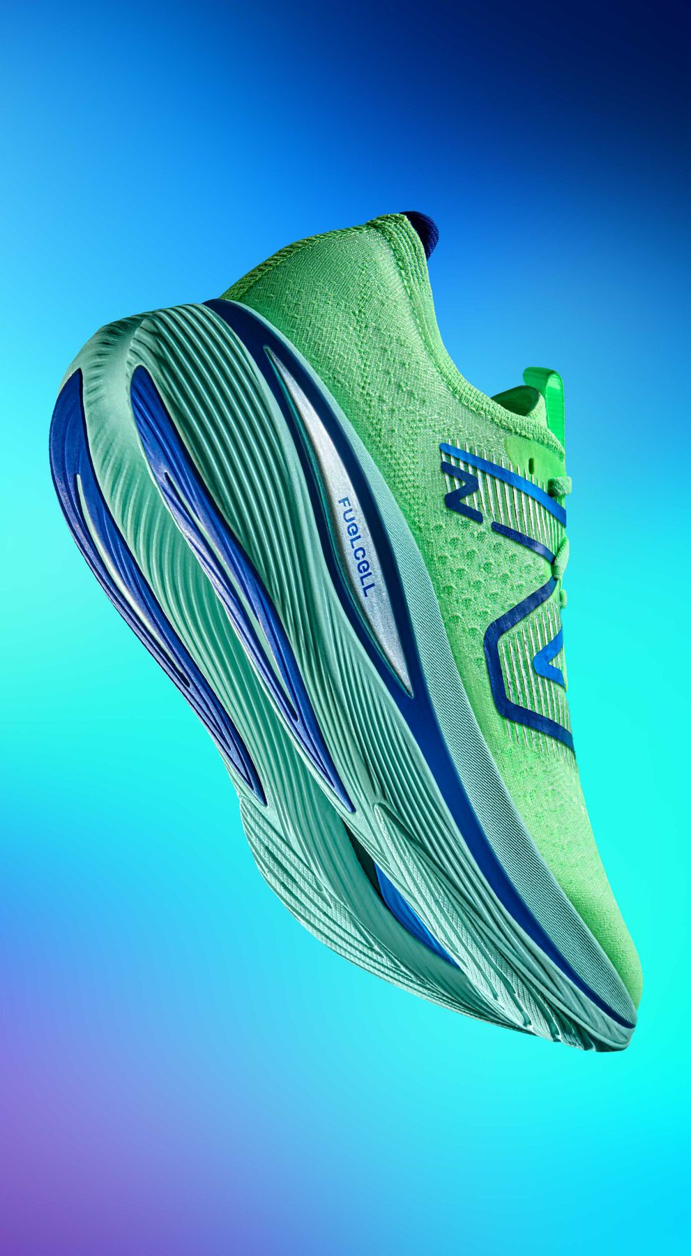 Mens Fuelcell SuperComp Trainer v1 shoe floating with blue gradient background