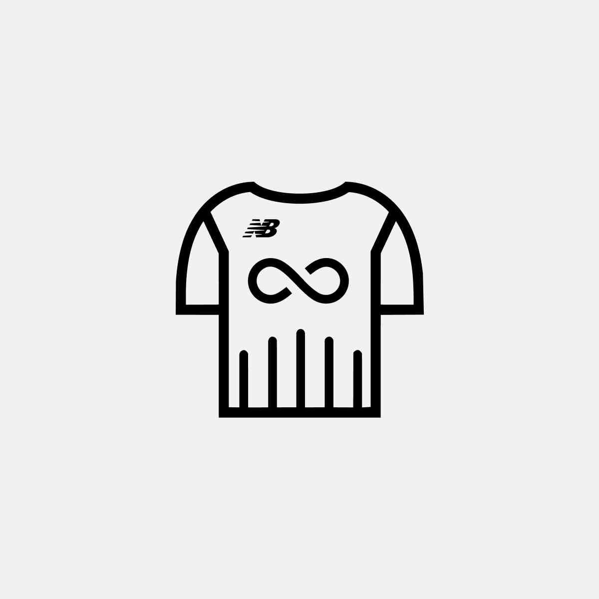 Line icon of a short-sleeve athletic jersey with a New Balance logo and an infinity symbol on the front, representing long-lasting or customizable apparel.