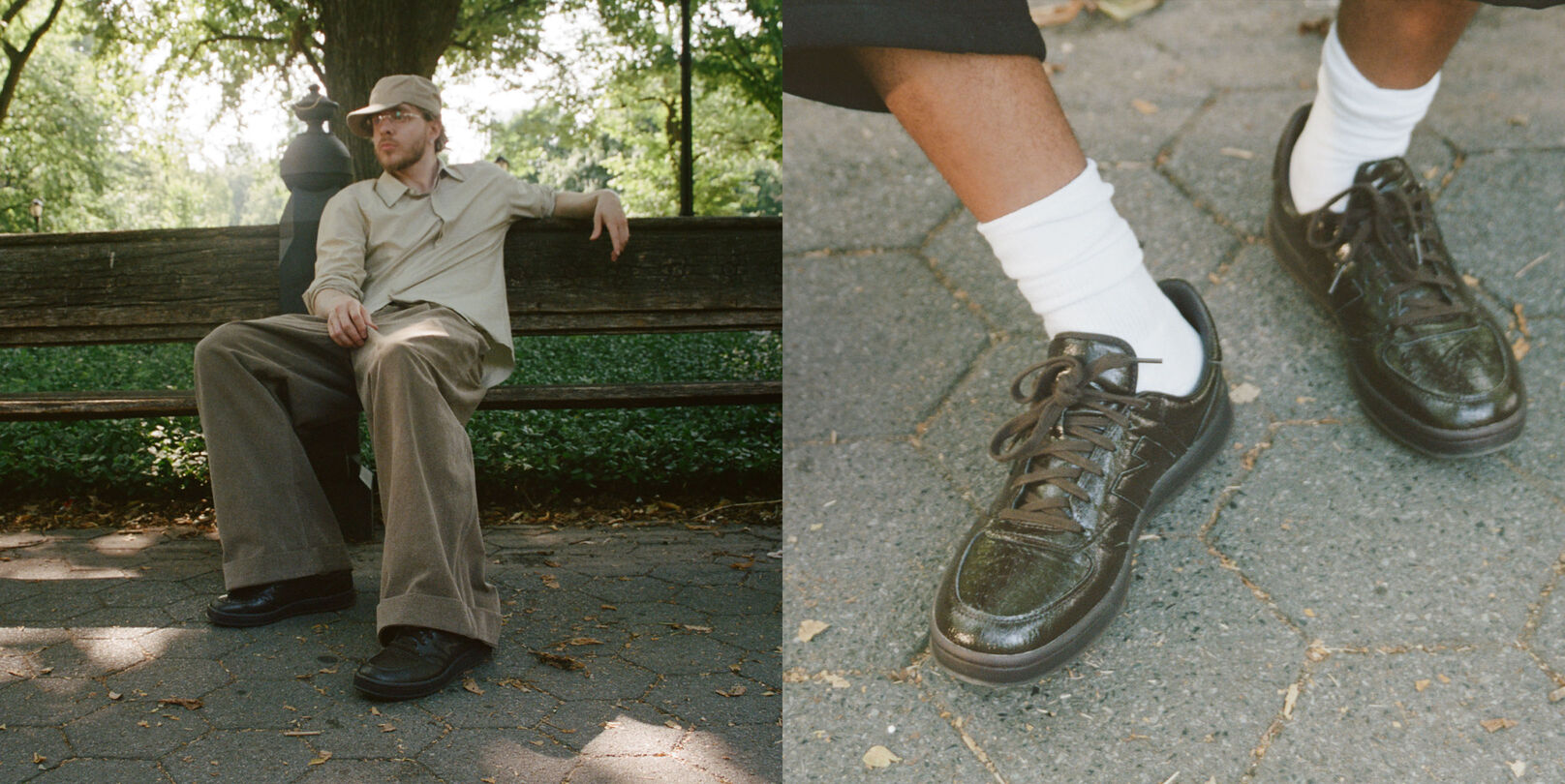 Pantalla dividida de dos im&aacute;genes, una de Jack Harlow recostado en un banco en un parque, y la otra de un primer plano de zapatillas New Balance de color marr&oacute;n oscuro puestas en el pie.
